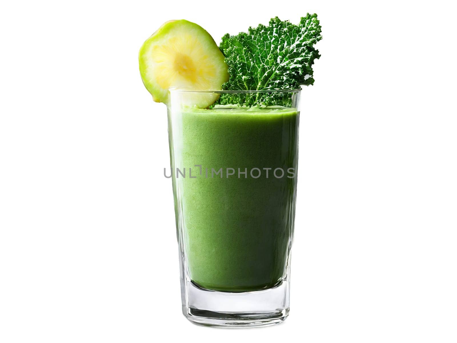Smoothie kale and pear with a squeeze of lemon in a transparent glass green power. Food isolated on transparent background.