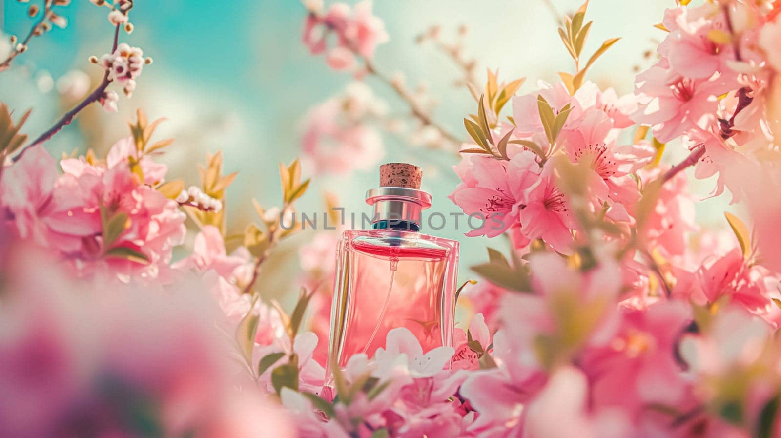 Perfume bottle in flowers, fragrance on blooming background, floral scent and cosmetic product idea