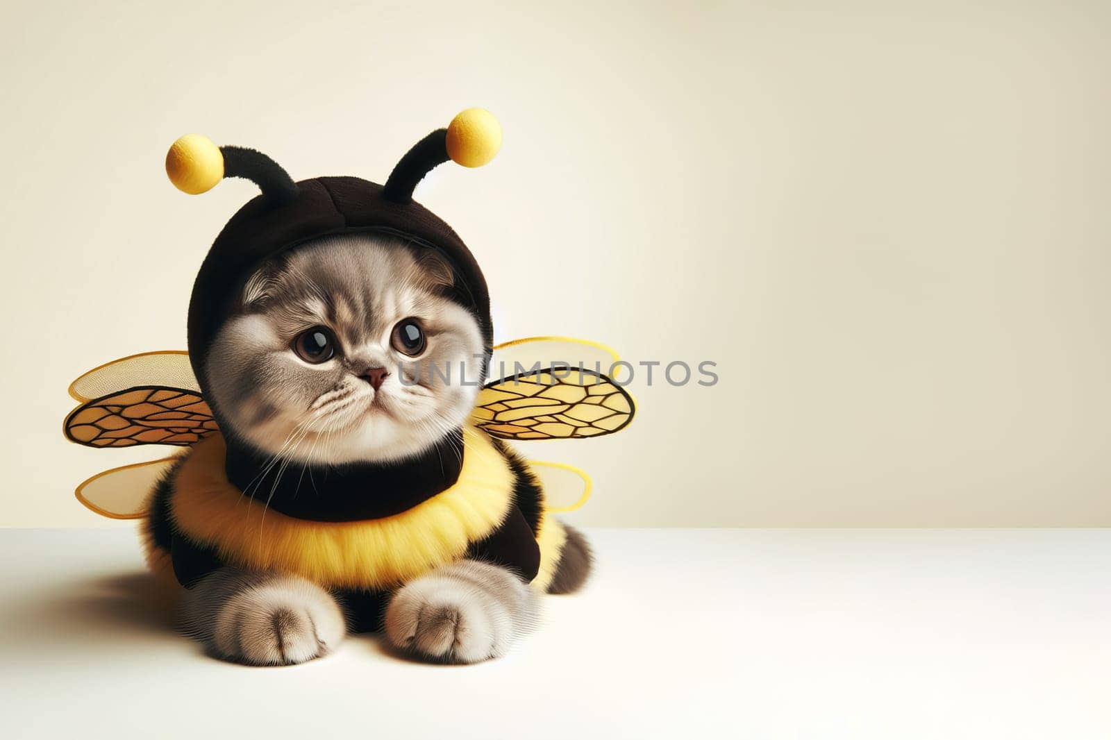 Cute gray cat of the British breed dressed in a bee costume, light background. Bee day or halloween concept.