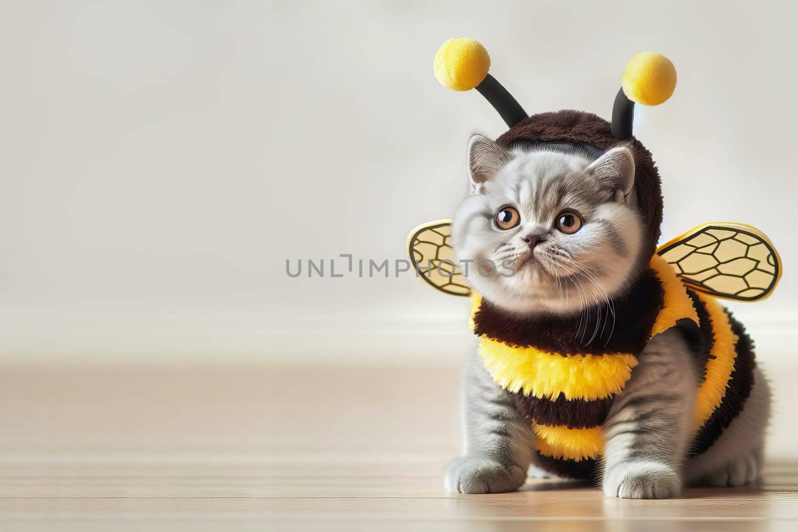 Cute gray cat of the British breed dressed in a bee costume, light background. by OlgaGubskaya