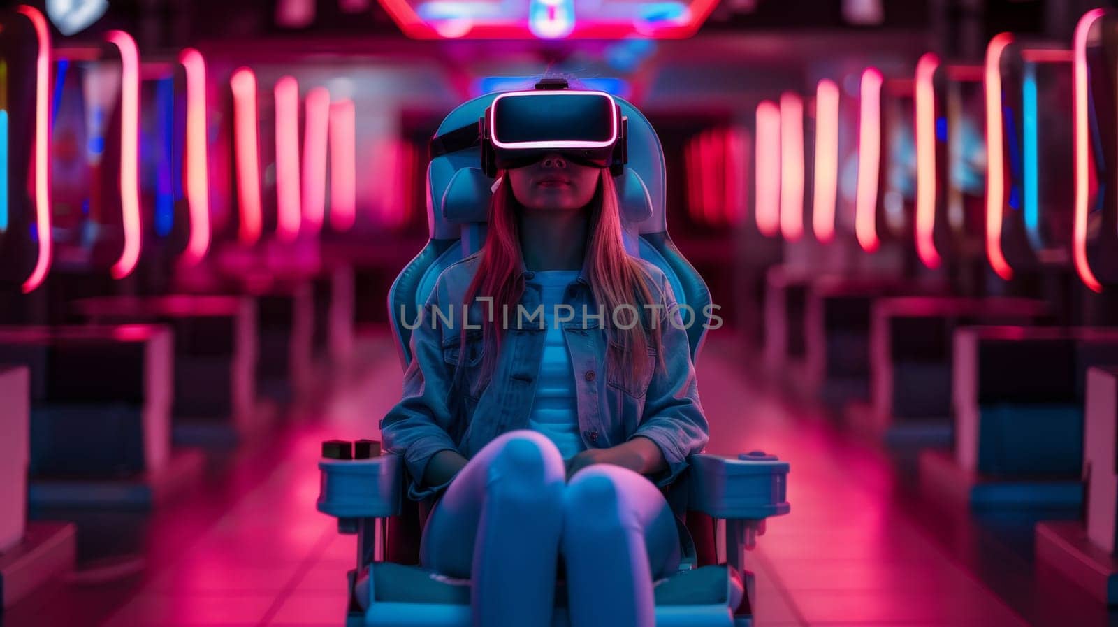 A woman wearing a virtual reality headset is looking at a cityscape. Concept of immersion and wonder as the woman explores the virtual world