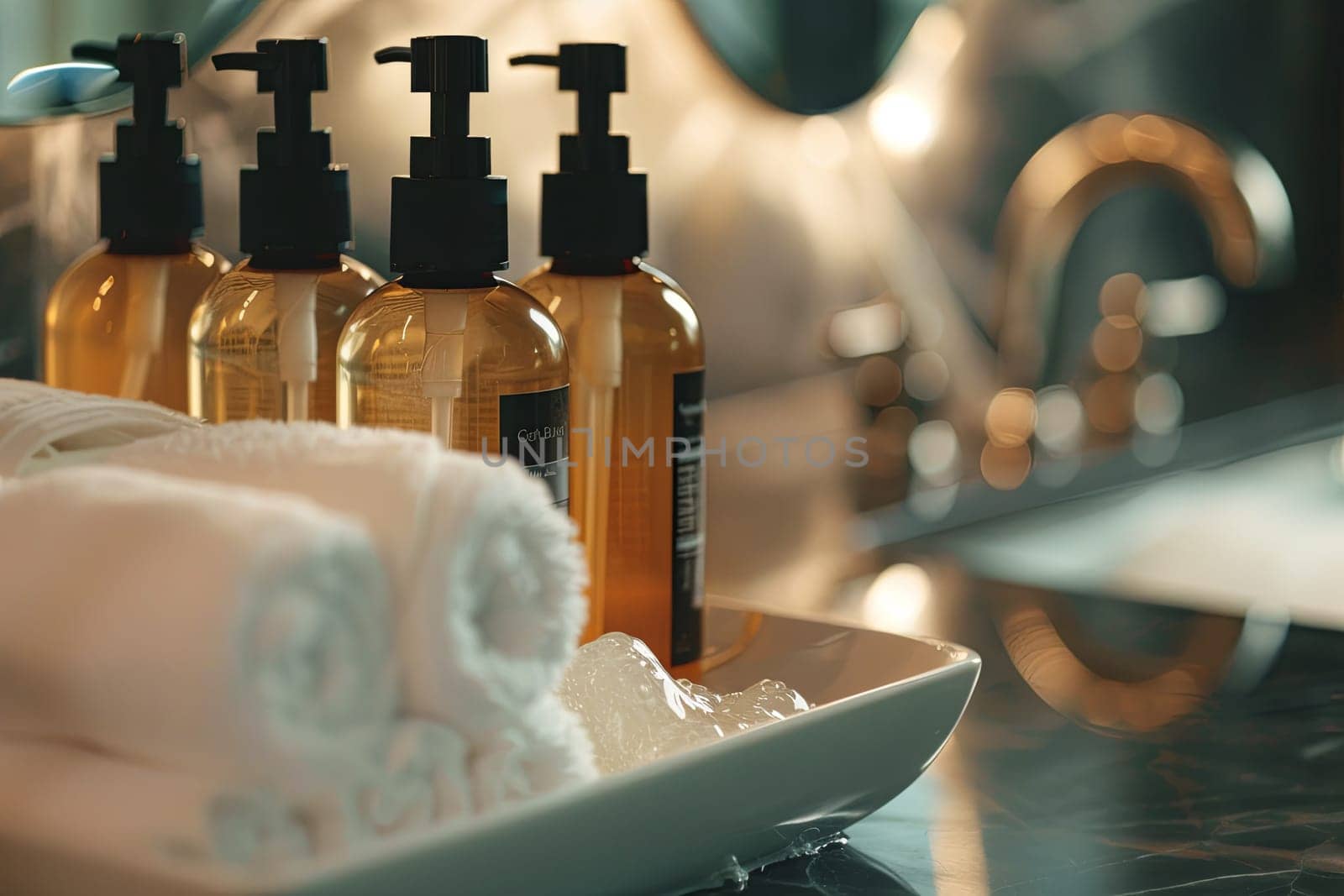 Close-up of four elegant amber-colored bottles of shampoo and conditioner in a modern bathroom setting.