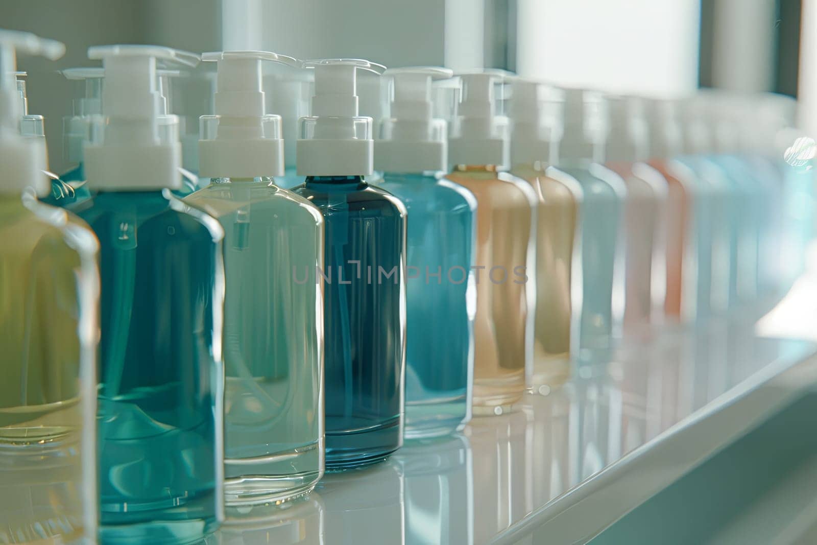 A close-up view of sleek, colorful shampoo and conditioner bottles arranged on a shelf.