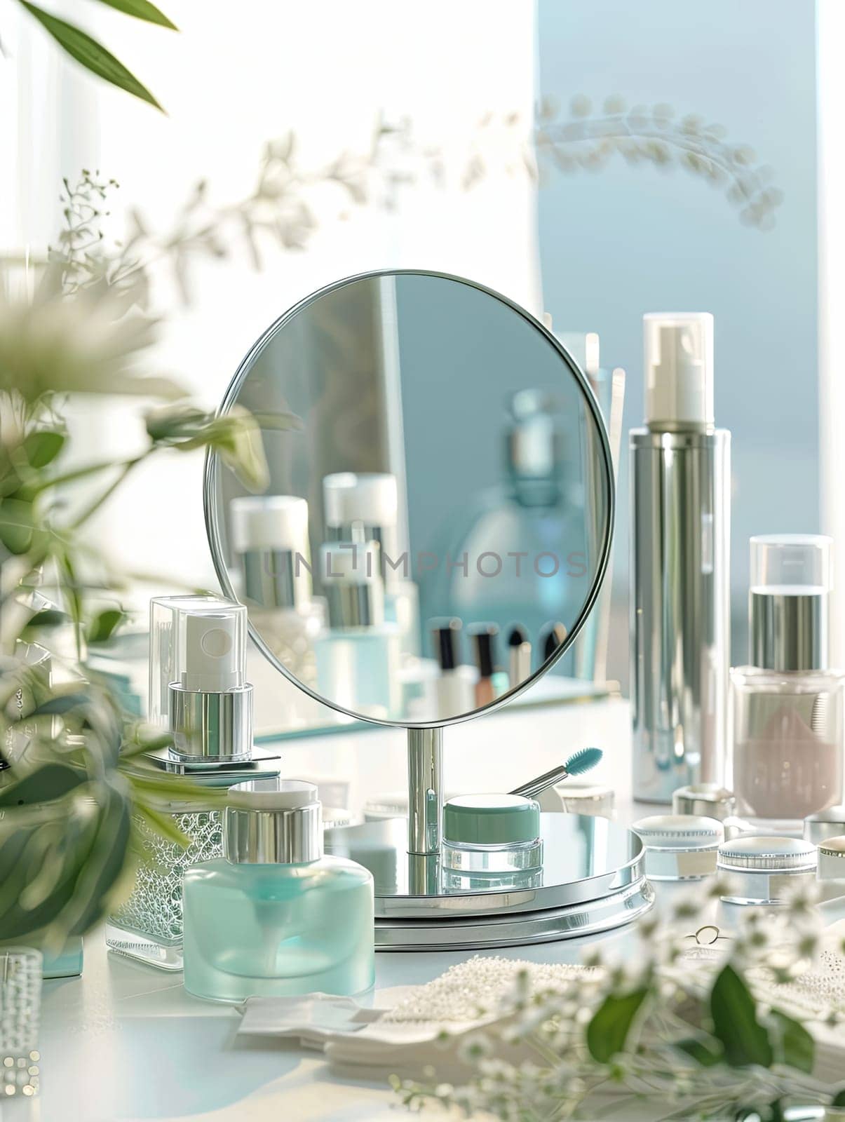 A tabletop mirror surrounded by various cosmetic products, creating a beautiful and organized vanity setup.