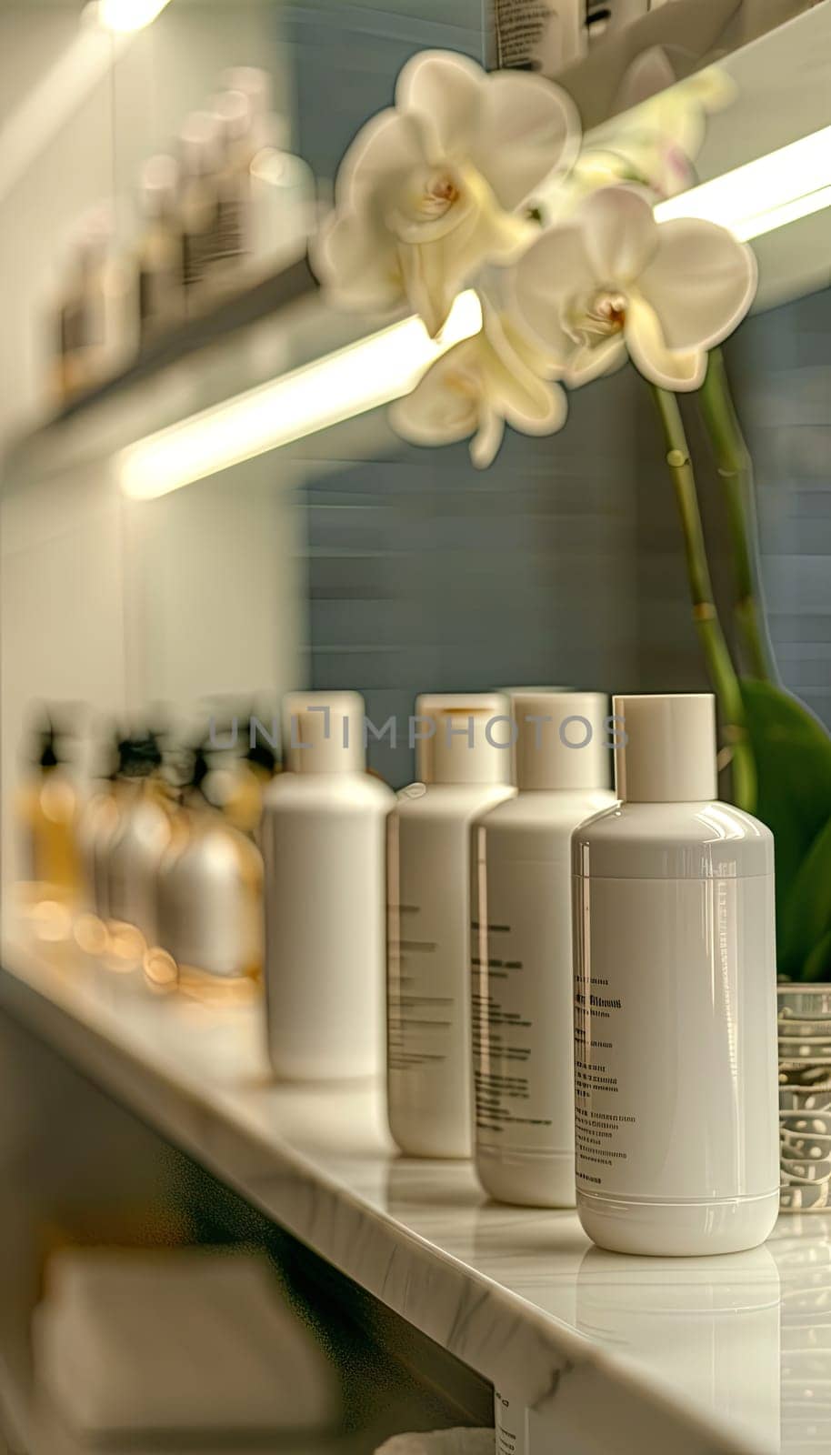 Close-up of stylish shampoo bottles on a bathroom shelf, with white orchids in the background.