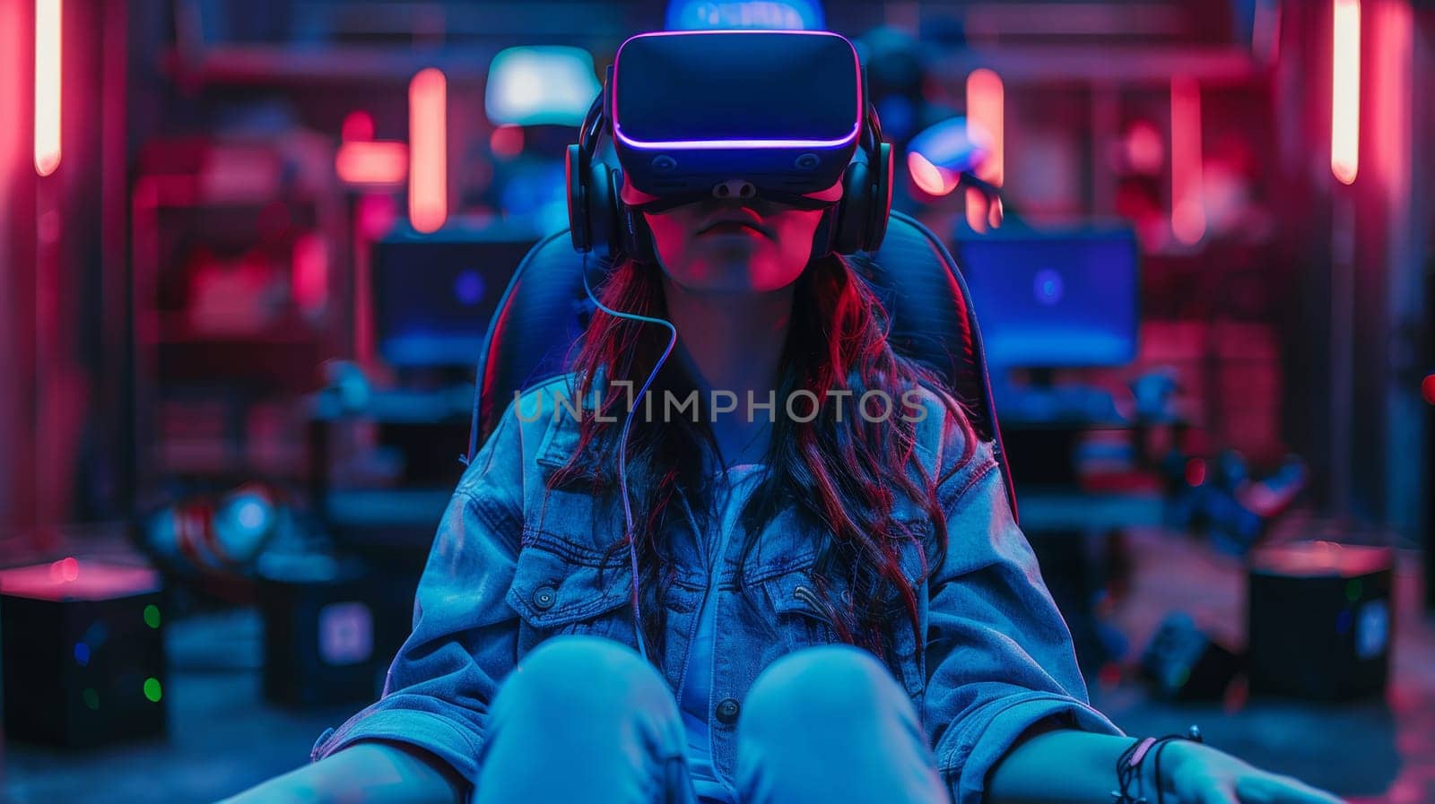 A woman wearing a virtual reality headset is looking at a cityscape. Concept of immersion and wonder as the woman explores the virtual world