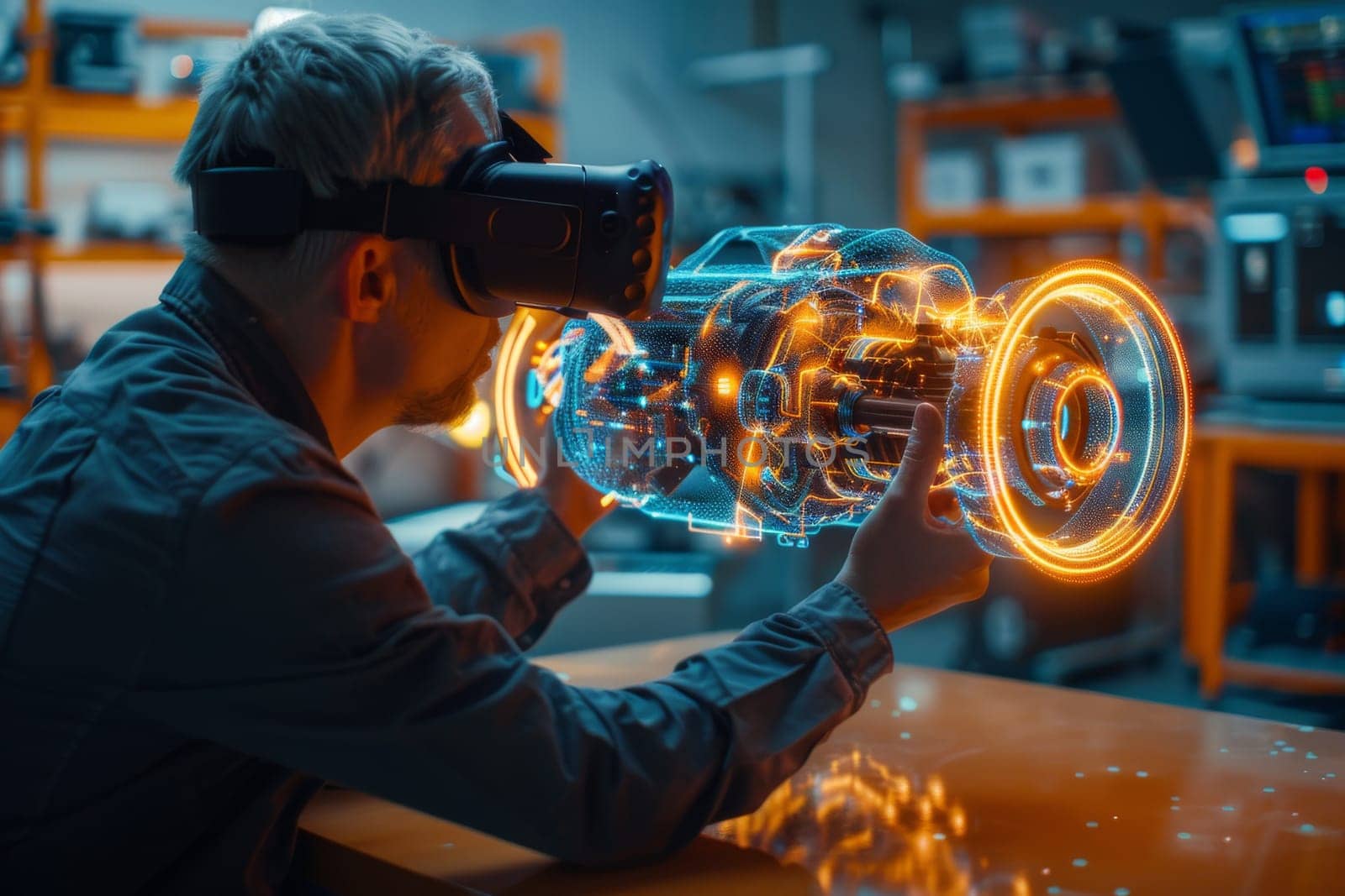 A man is looking at a car with a VR headset on. The car is a futuristic design with bright orange accents. The man is examining the car's engine, possibly making adjustments or repairs