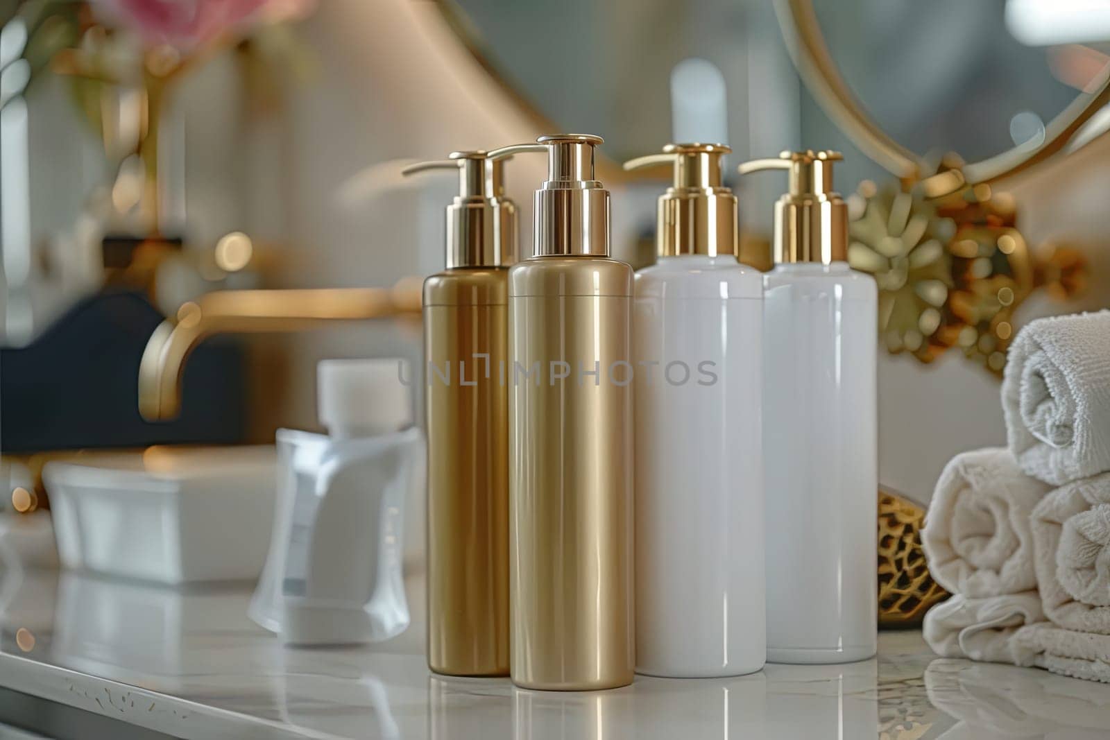 Luxurious gold and white shampoo and conditioner bottles in a modern bathroom.