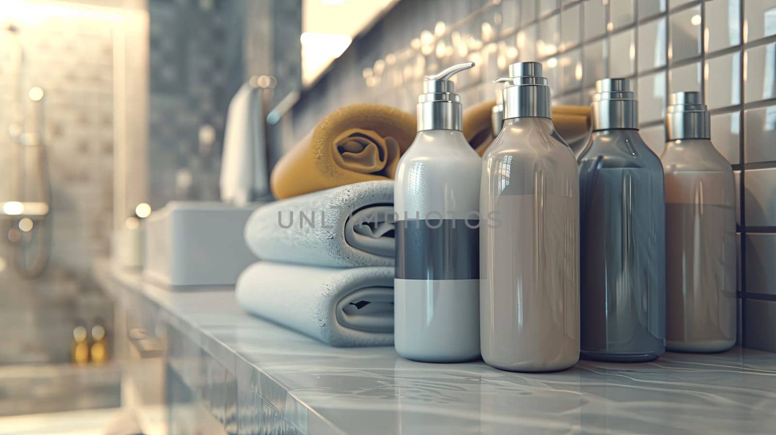 A close-up view of stylish bottles of shampoo and conditioner in a luxurious bathroom setting.