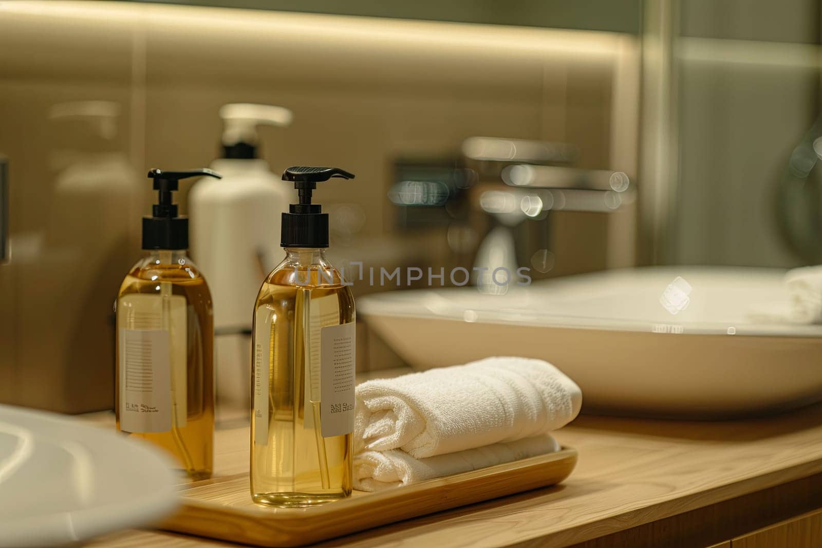 Three bottles of shampoo and conditioner, one white and two amber-colored, sit on a wooden tray in a clean bathroom setting.