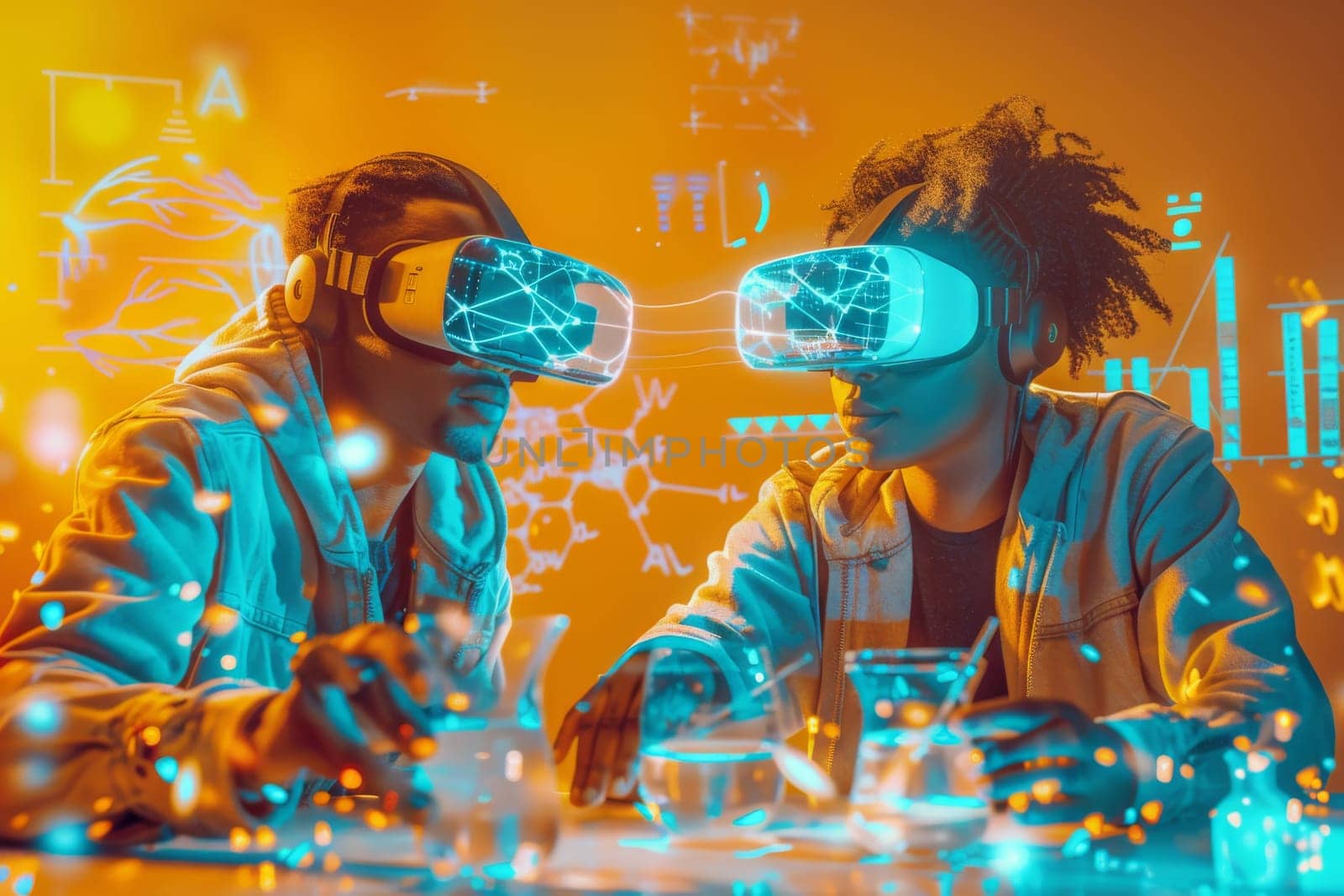 Two people wearing virtual reality goggles are working on a project. The scene is bright and colorful, with a lot of different shapes and patterns. Scene is energetic and futuristic