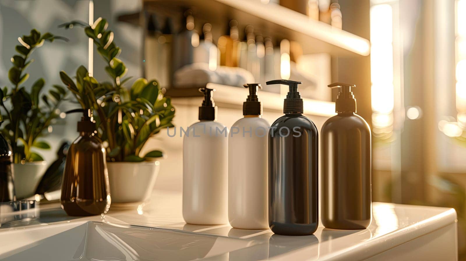 Four sleek bottles of shampoo and conditioner sit on a bathroom counter, bathed in soft, natural light.