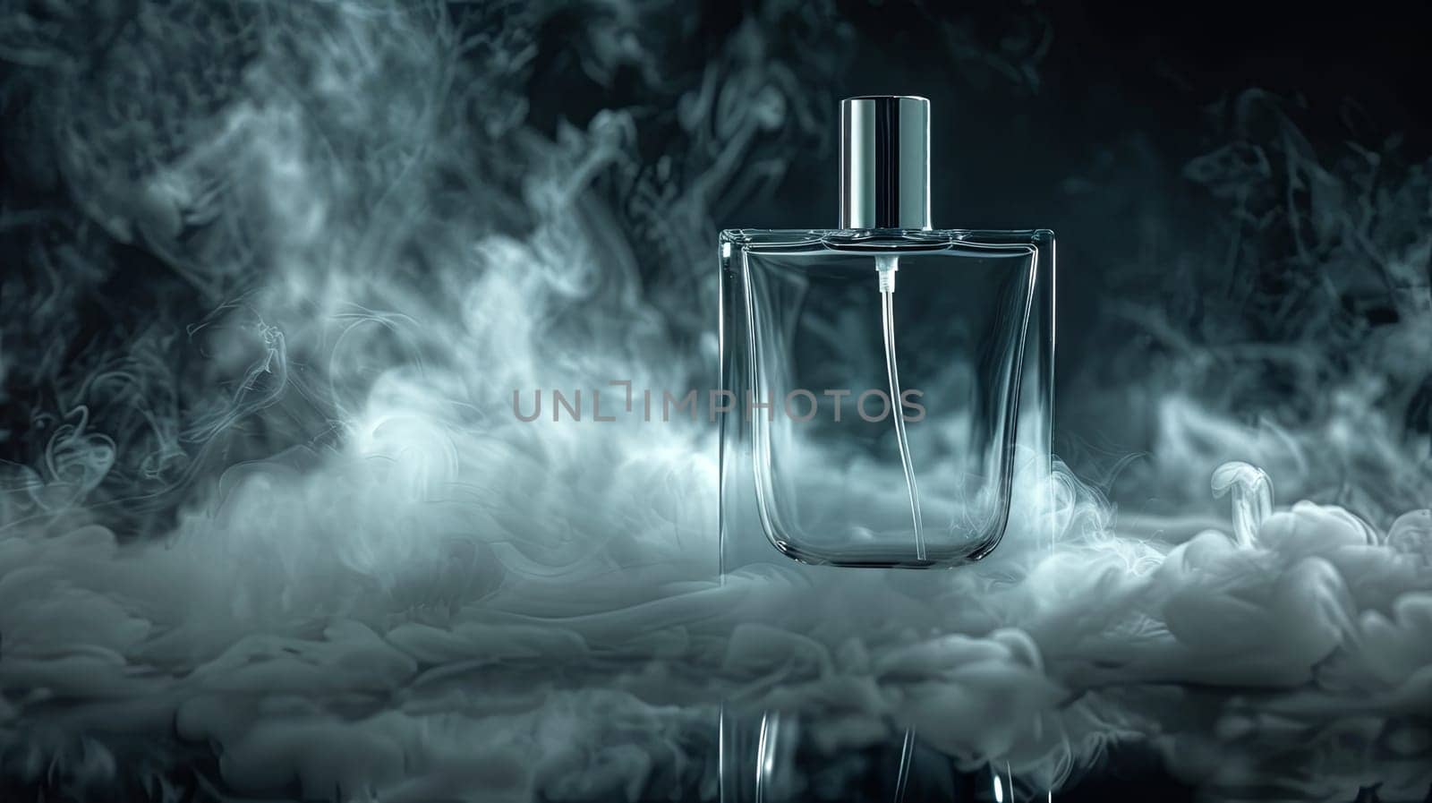 A close-up image of a glass perfume bottle with a silver cap, set against a dark background. White mist swirls around the bottle, creating a delicate and luxurious atmosphere.