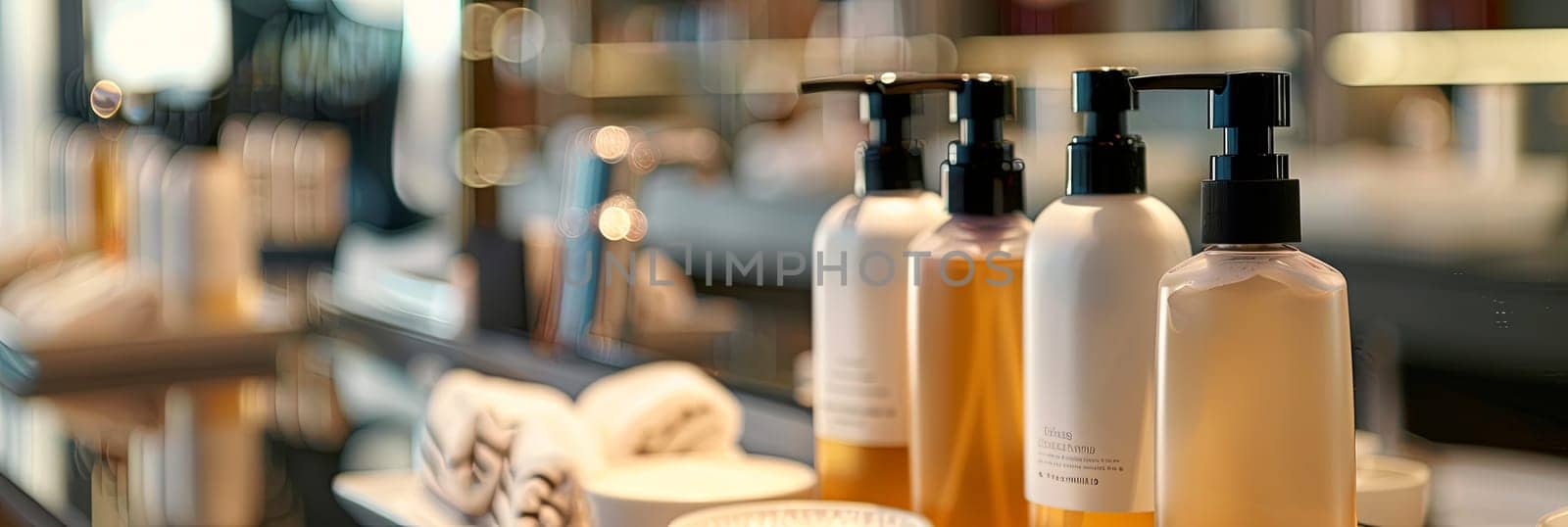 Close-up of four stylish bottles of shampoo and conditioner, likely in a bathroom or salon.