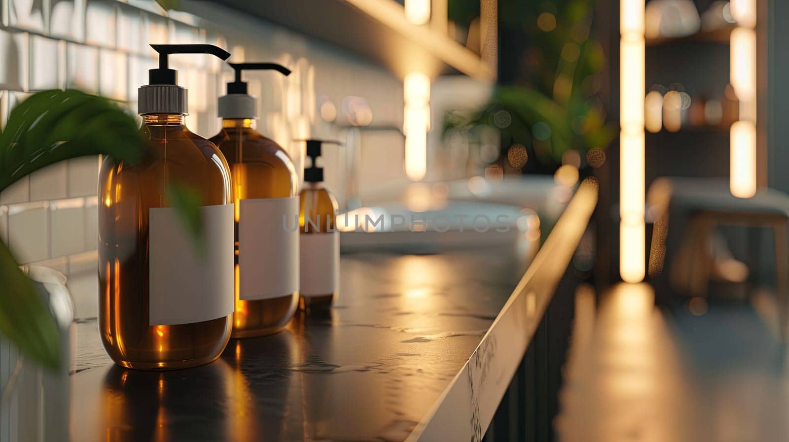 Three glass bottles of shampoo and conditioner with white labels sit on a counter in a salon setting.