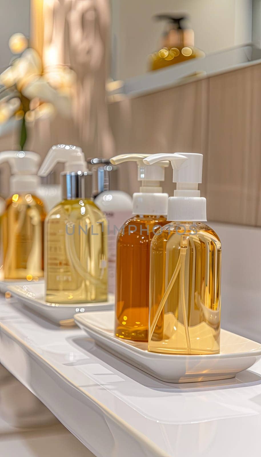 Close-up of stylish bottles of shampoo and conditioner on a white shelf in a bathroom or salon setting.