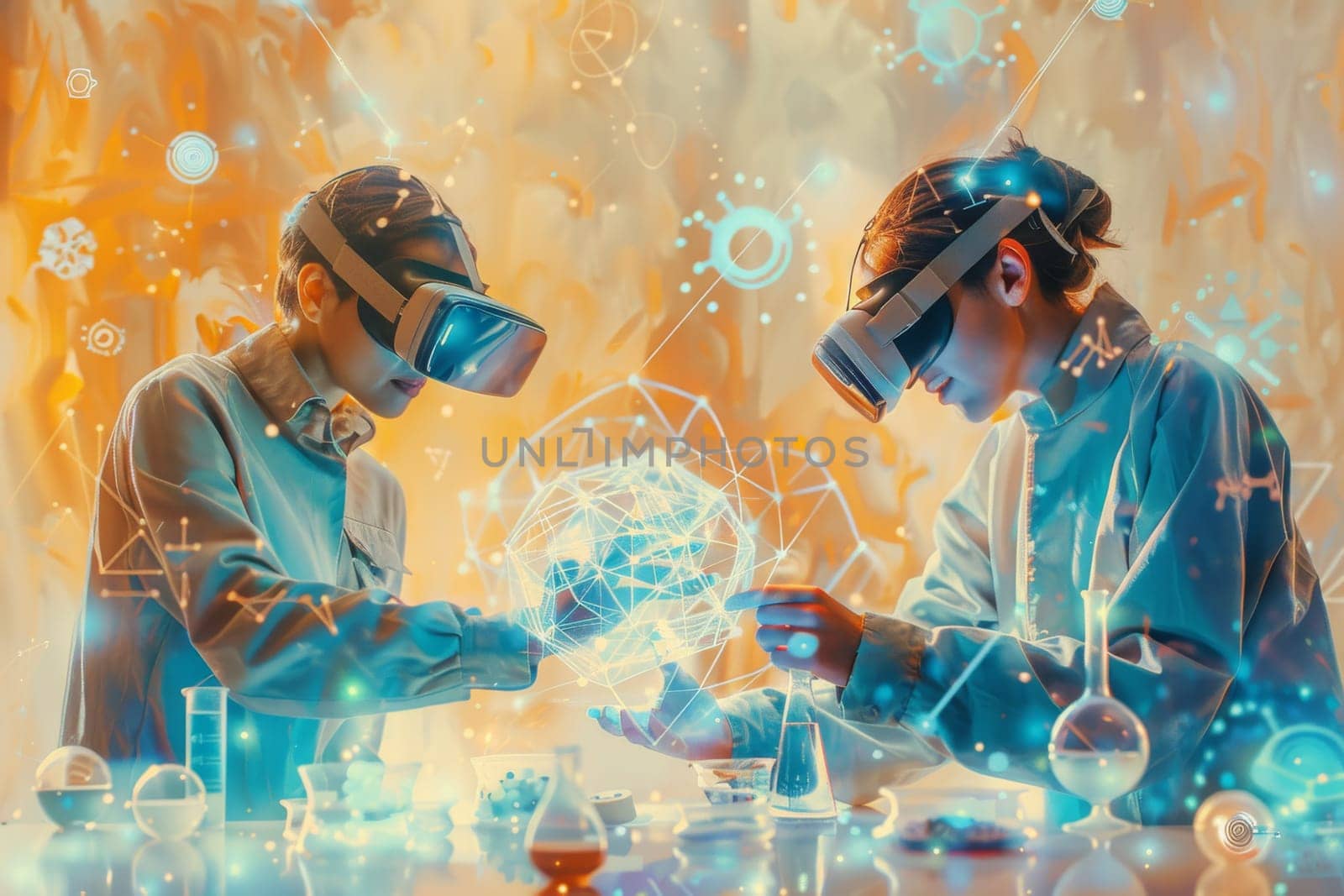 Two people wearing virtual reality goggles are working on a project. The scene is bright and colorful, with a lot of different shapes and patterns. Scene is energetic and futuristic