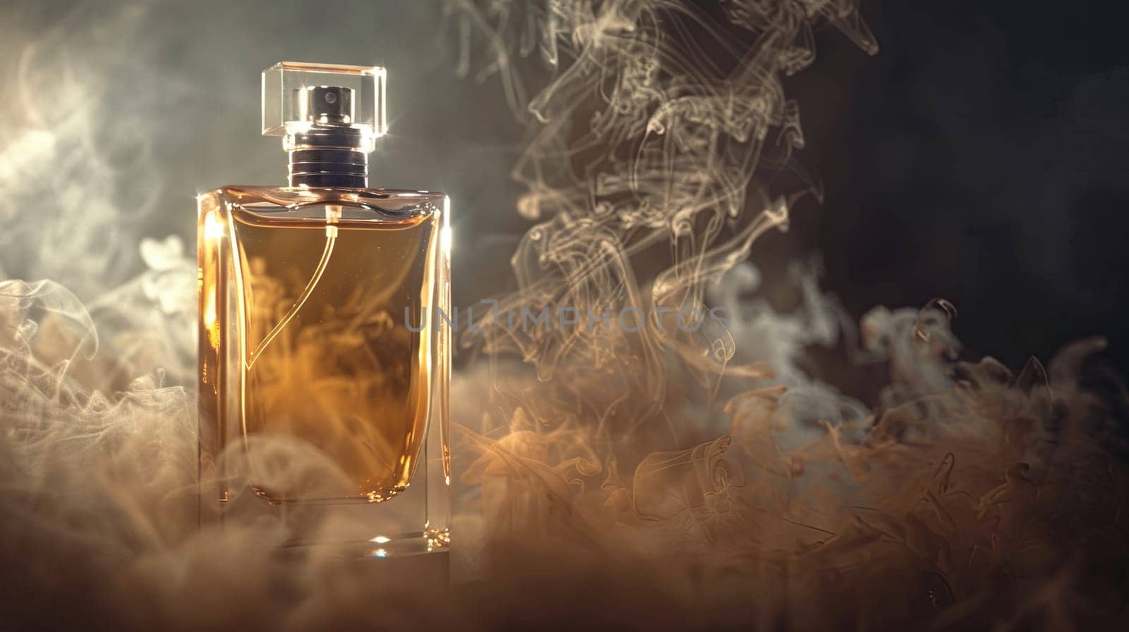 A close-up of an elegant glass perfume bottle with mist rising from it against a dark background.