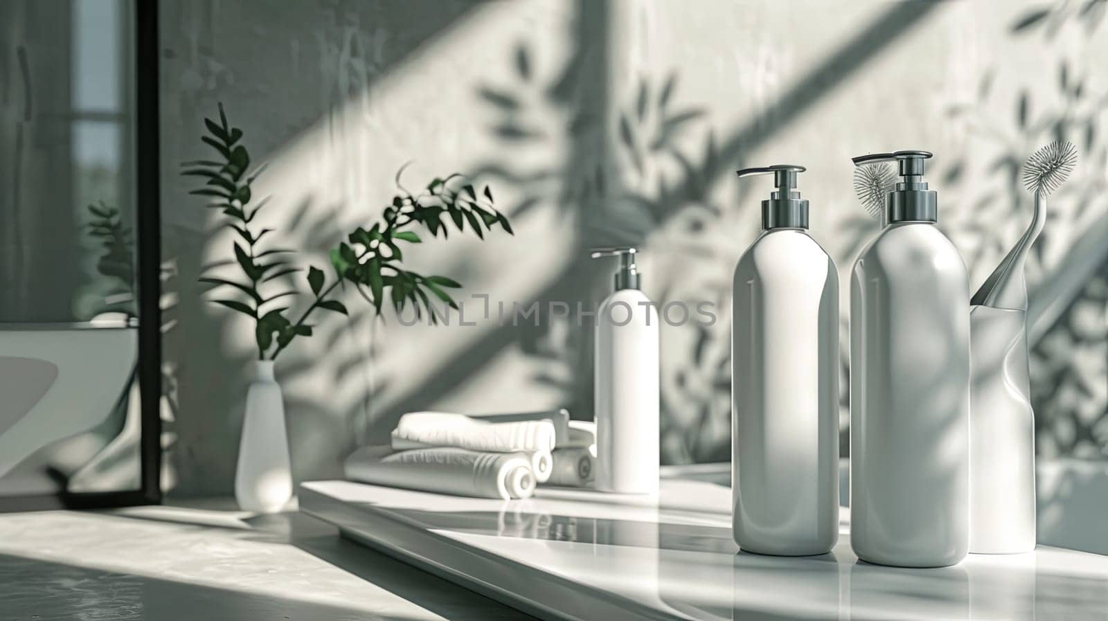 Clean white bottles of shampoo and conditioner sit on a white counter in a well-lit bathroom.