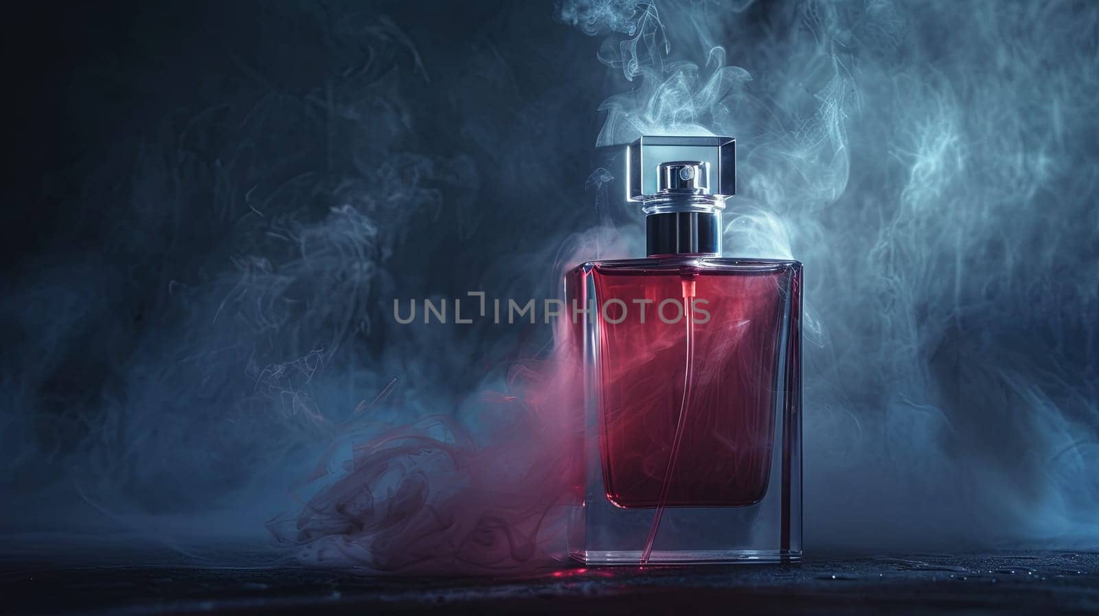 A close-up image of an elegant perfume bottle with a mist of fragrance in the air, set against a dark background.