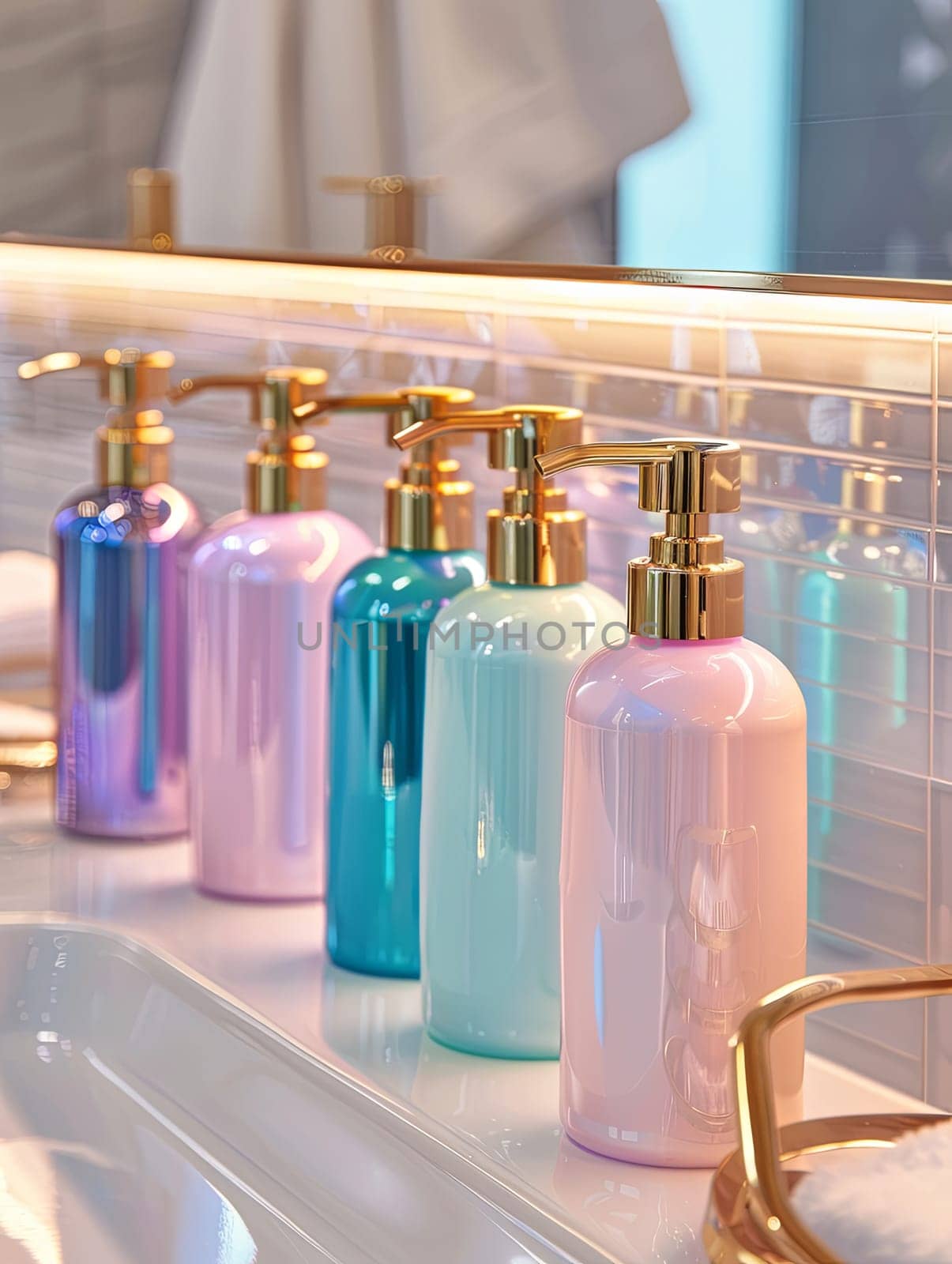 A close-up shot of five iridescent bottles of shampoo and conditioner on a clean white countertop.