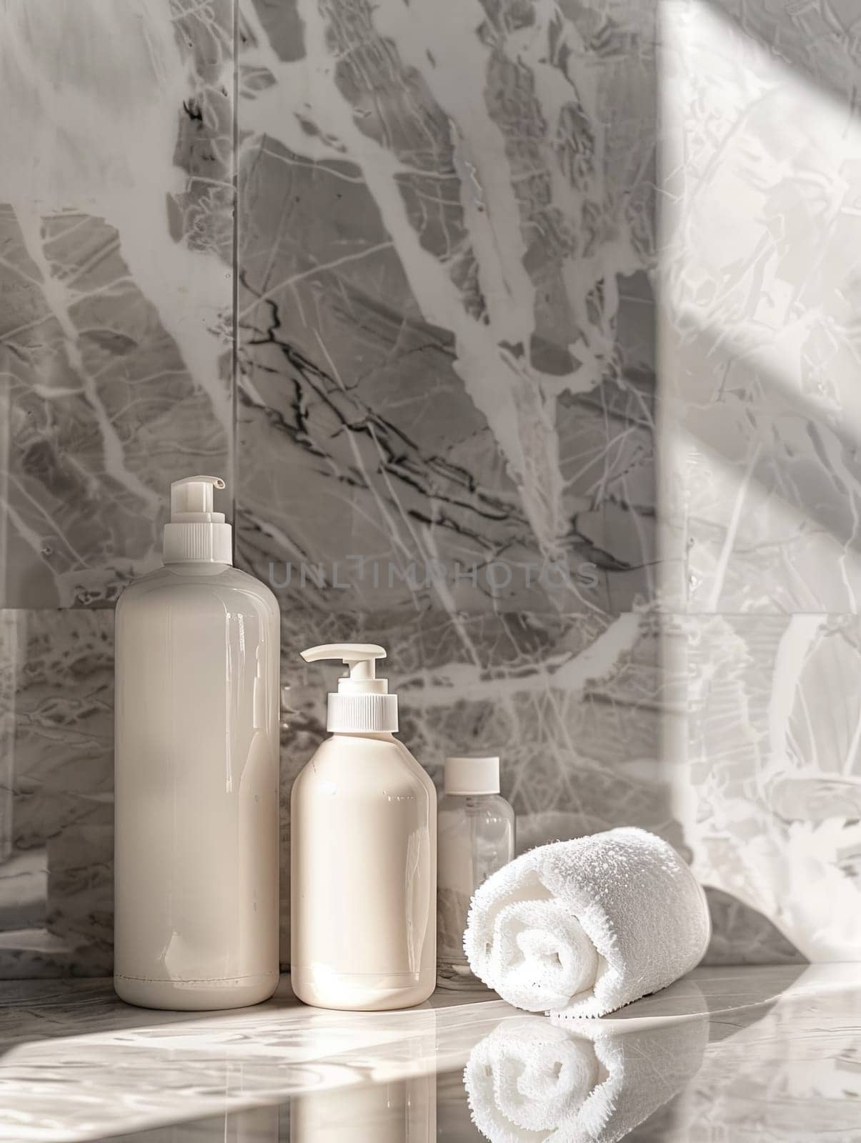 Stylish bottles of shampoo and conditioner sit on a marble counter in a bathroom.