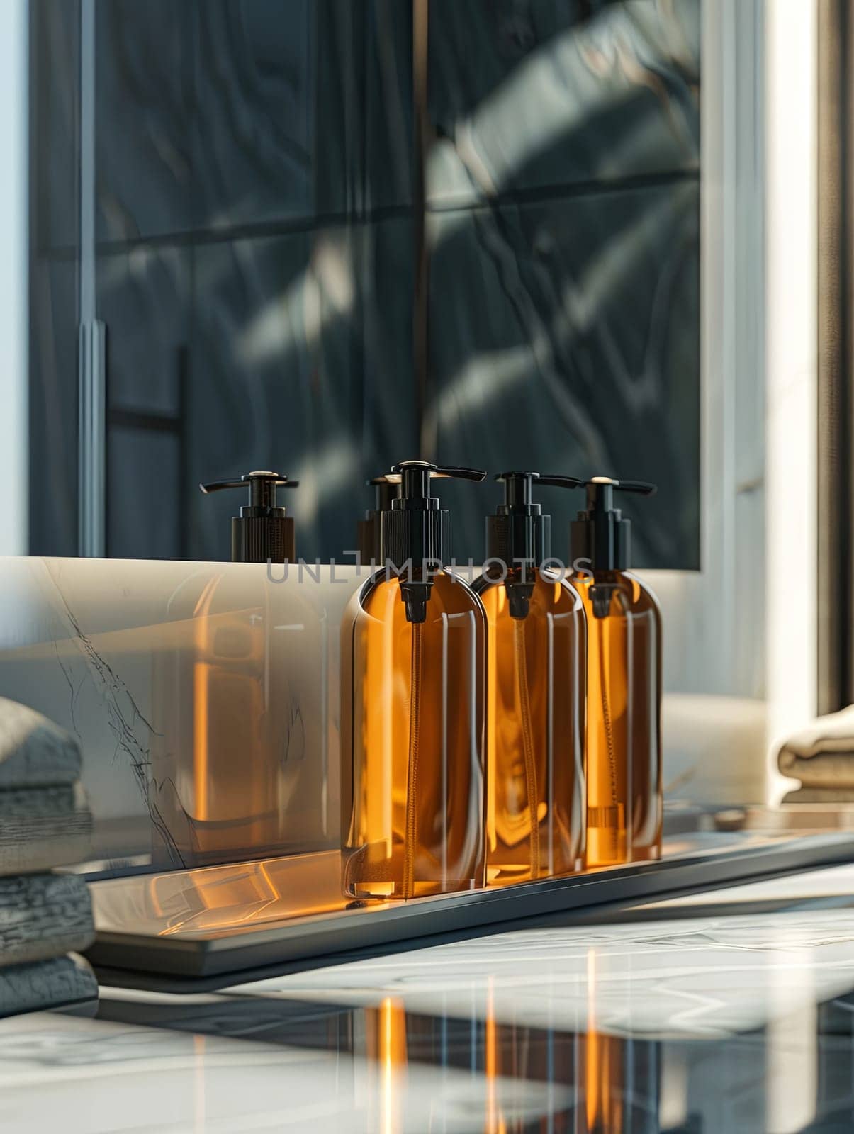 Close-up of four amber bottles of shampoo and conditioner lined up on a countertop in a bathroom setting.