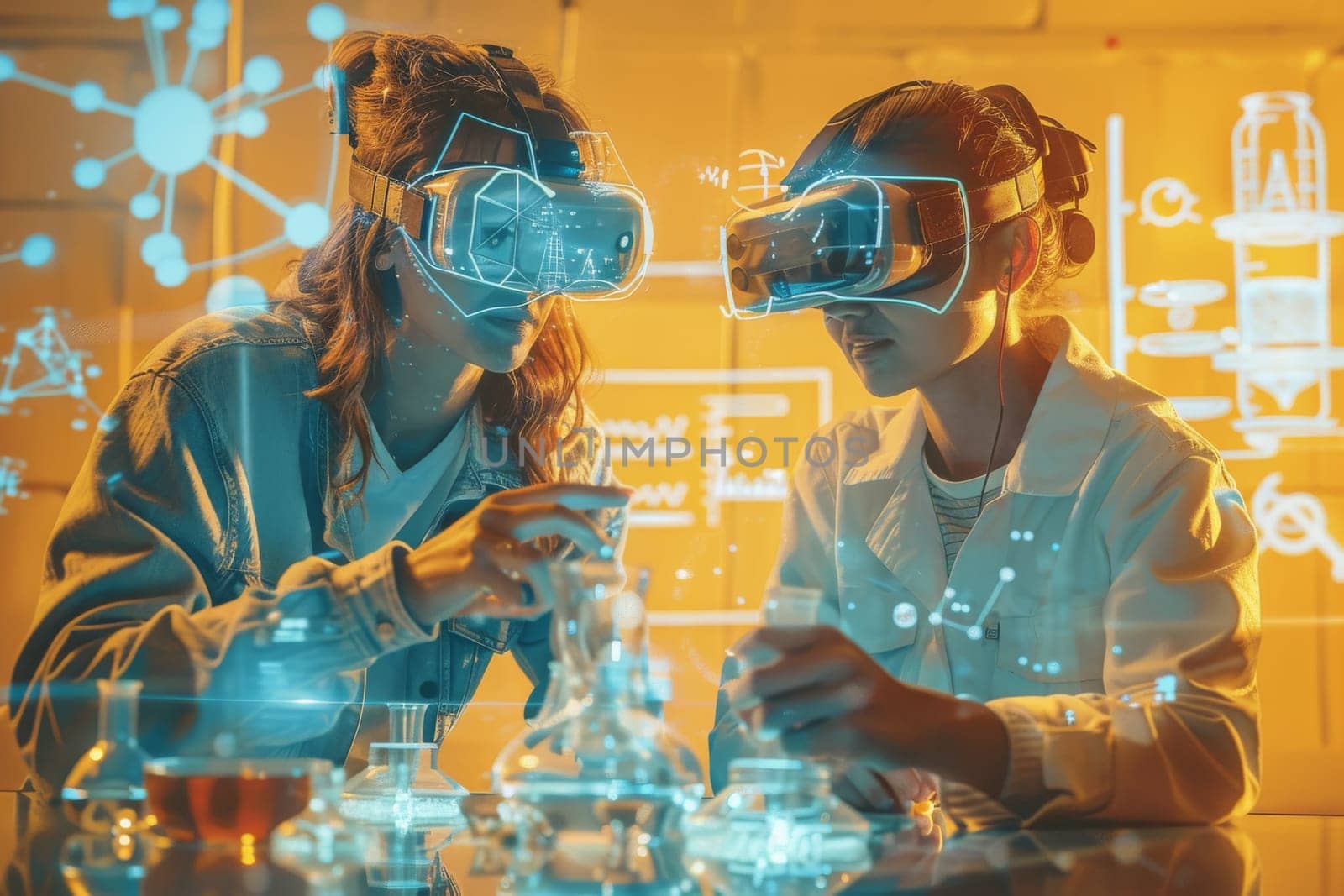 Two people wearing virtual reality goggles are working on a project. The scene is bright and colorful, with a lot of different shapes and patterns. Scene is energetic and futuristic