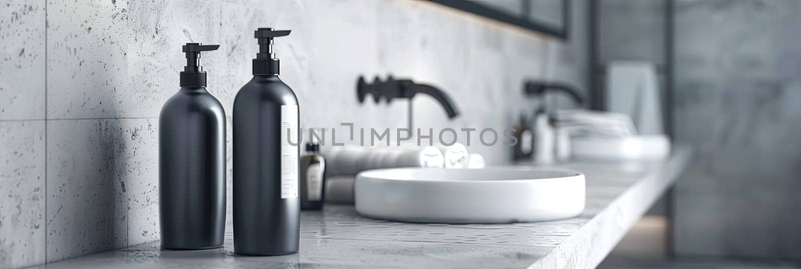 Two sleek shampoo and conditioner bottles on a bathroom counter.