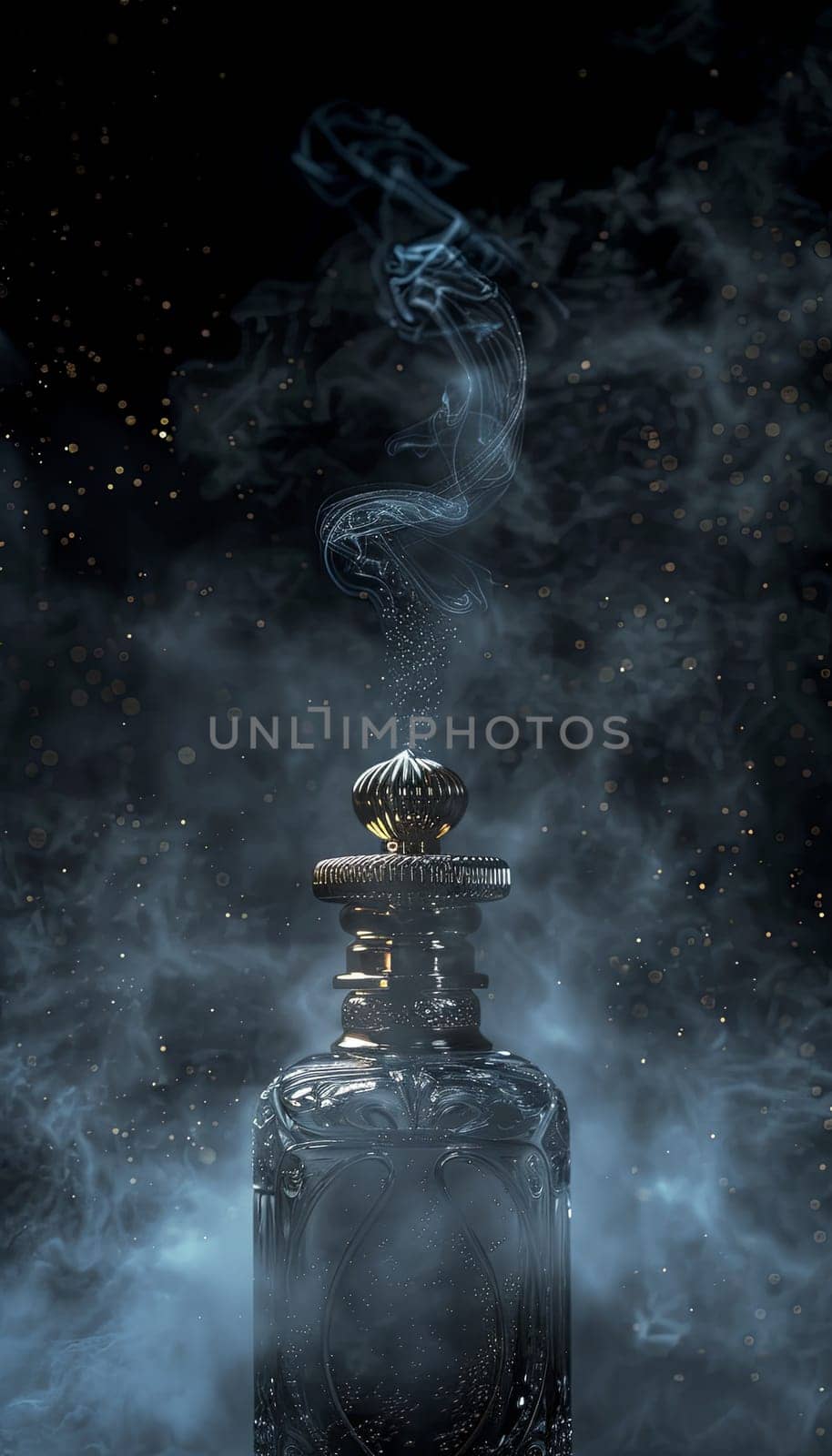 A close-up of an ornate perfume bottle with a silver top, emitting a delicate mist against a dark background.