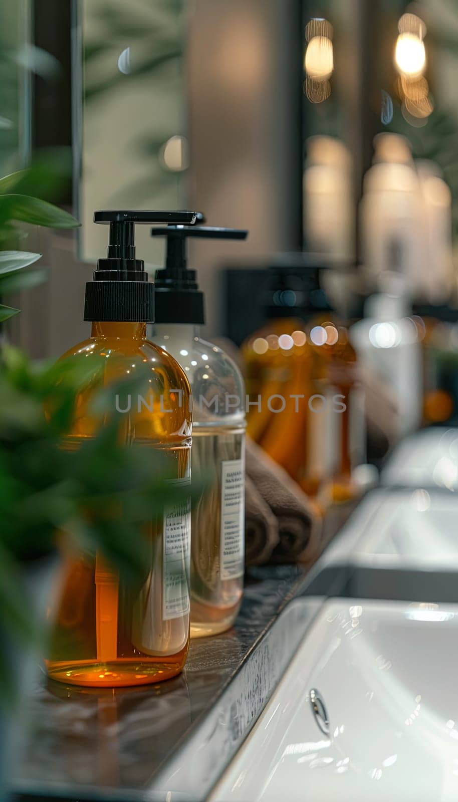 Close-up of sleek, amber-colored shampoo bottles with pumps, displayed on a countertop with a sink.