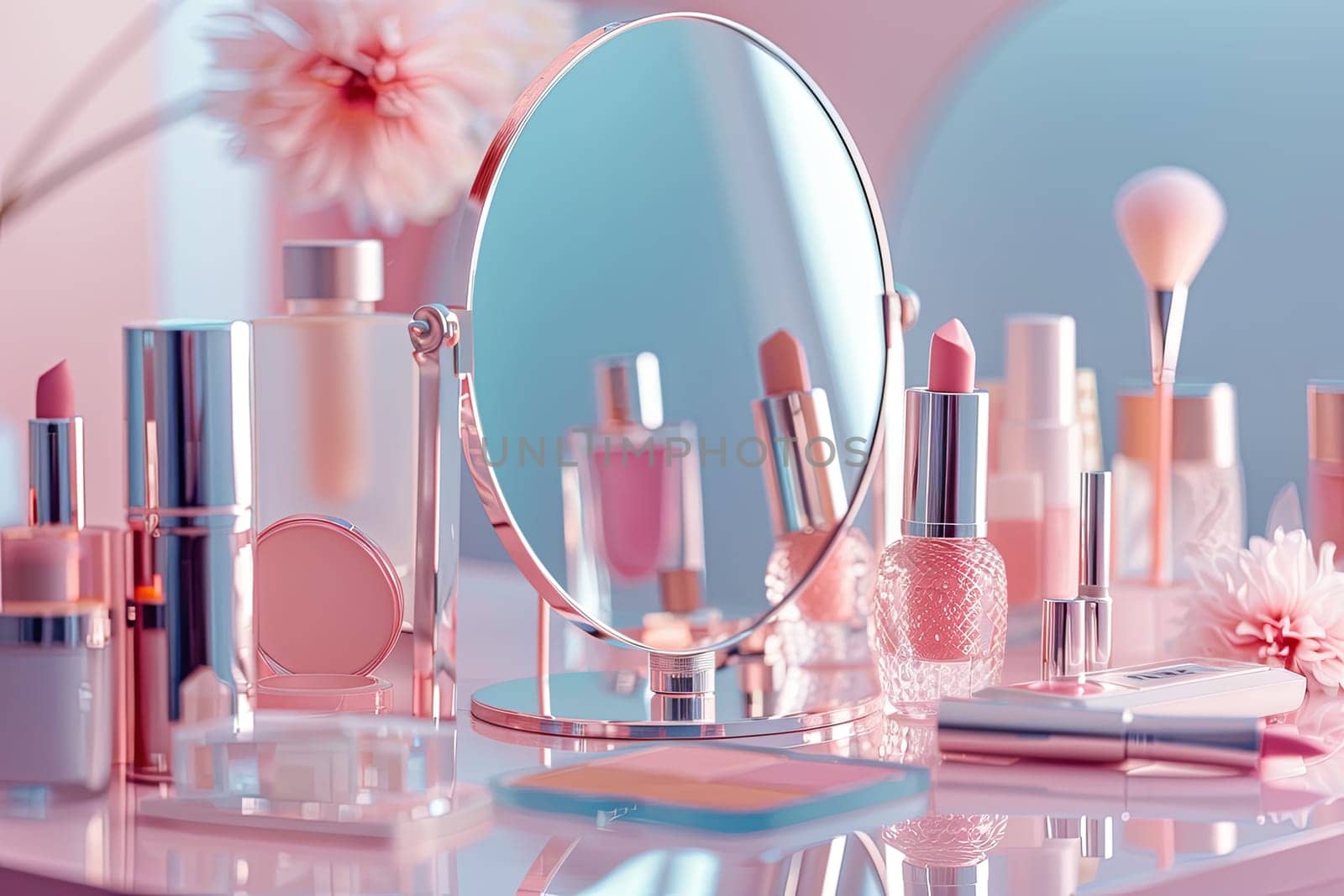 A collection of cosmetic products neatly arranged around a tabletop mirror.