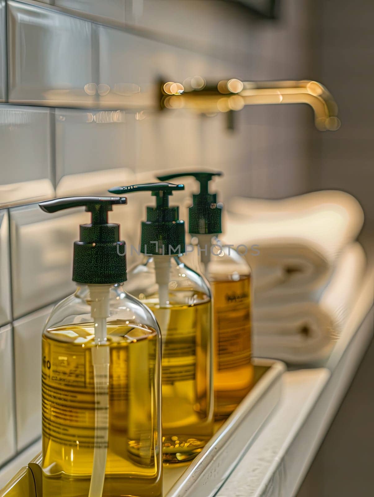 Three bottles of shampoo and conditioner in a contemporary bathroom, showcasing clean lines and minimalist design.