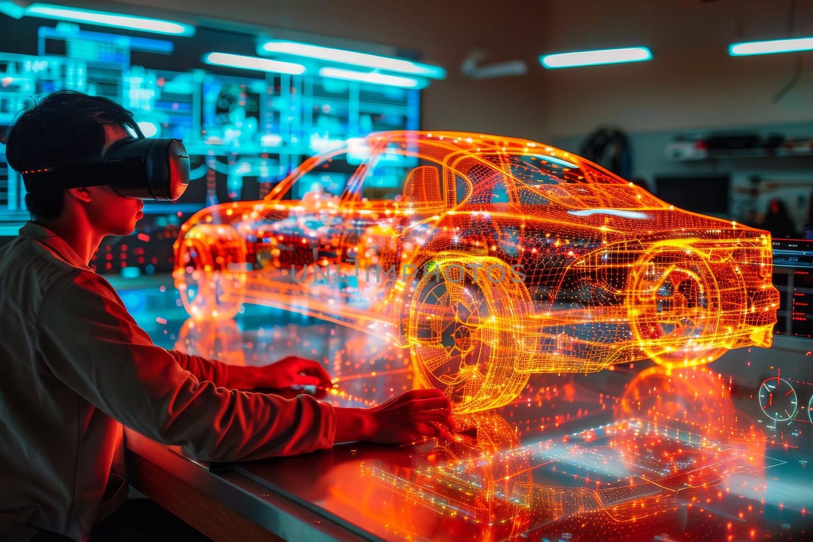 A person is looking at a car with a VR headset on. The car is a futuristic design with bright orange accents. The man is examining the car's engine, possibly making adjustments or repairs