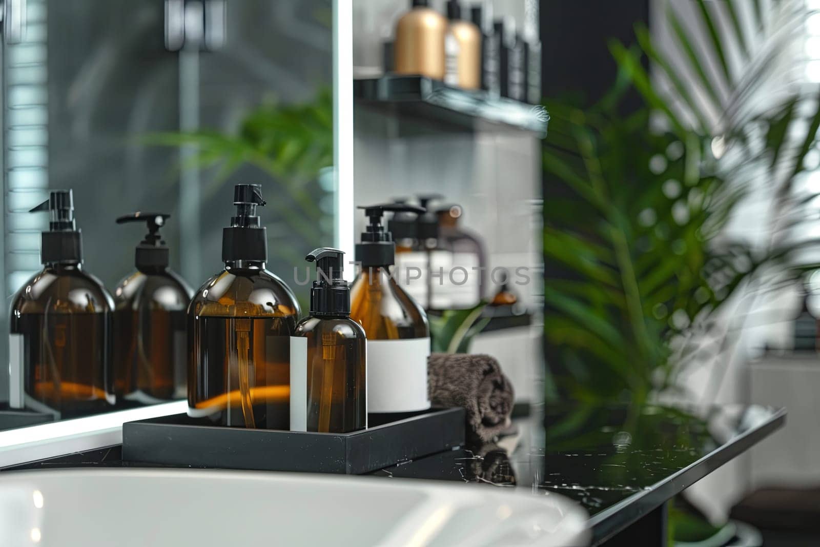 Close-up shot of stylish brown glass bottles with black pumps, likely containing shampoo and conditioner, neatly arranged on a black tray in a modern bathroom.