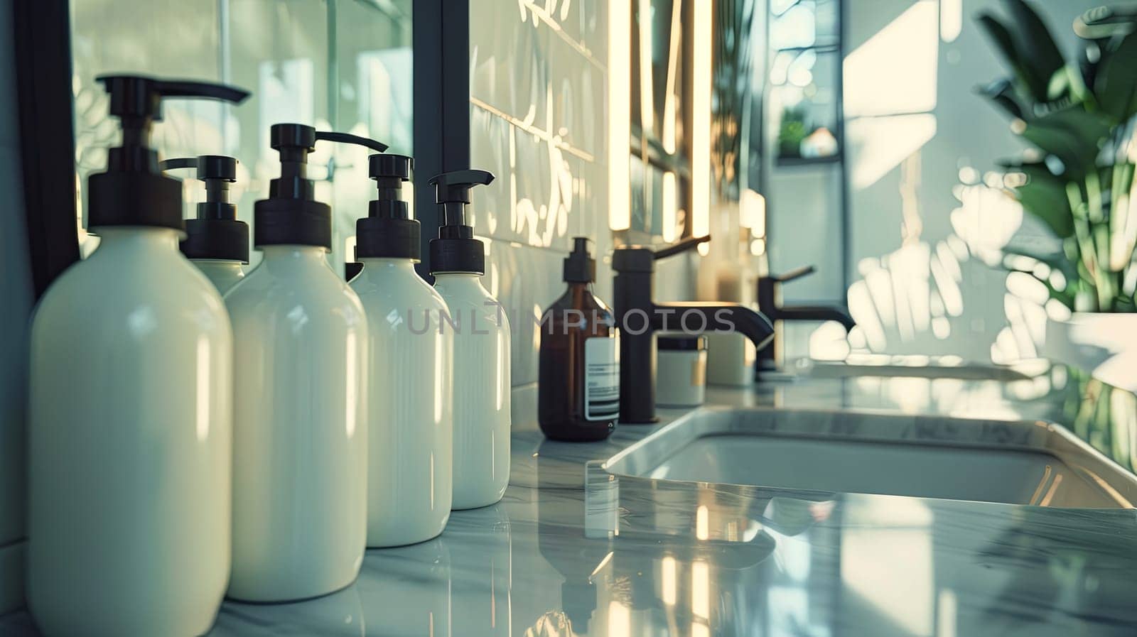 Luxurious, clean bottles of shampoo and conditioner in a bathroom setting.