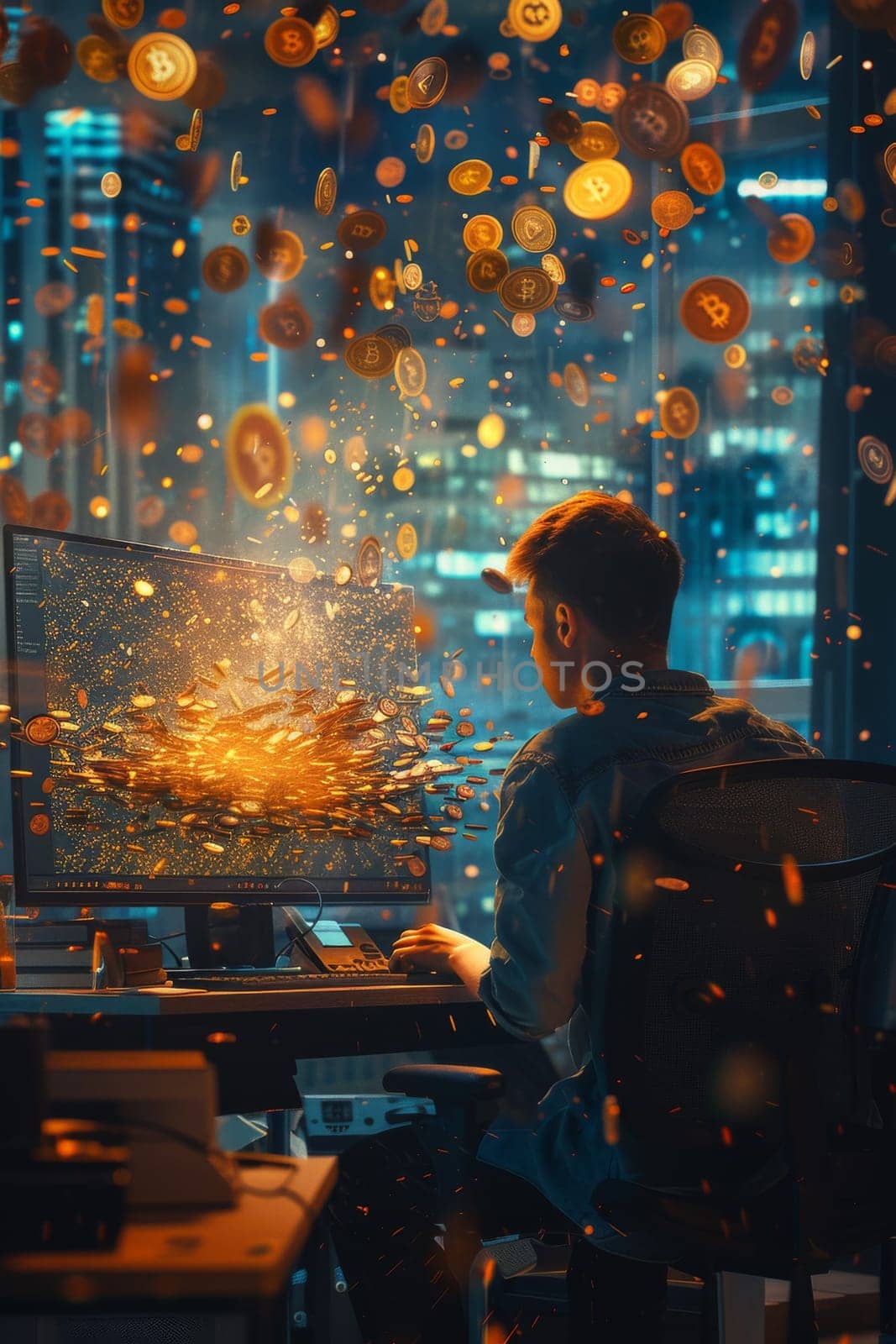A man is sitting in front of a computer monitor with a coin on it. He is wearing a black hoodie and glasses. Concept of focus and concentration as the man works on his computer