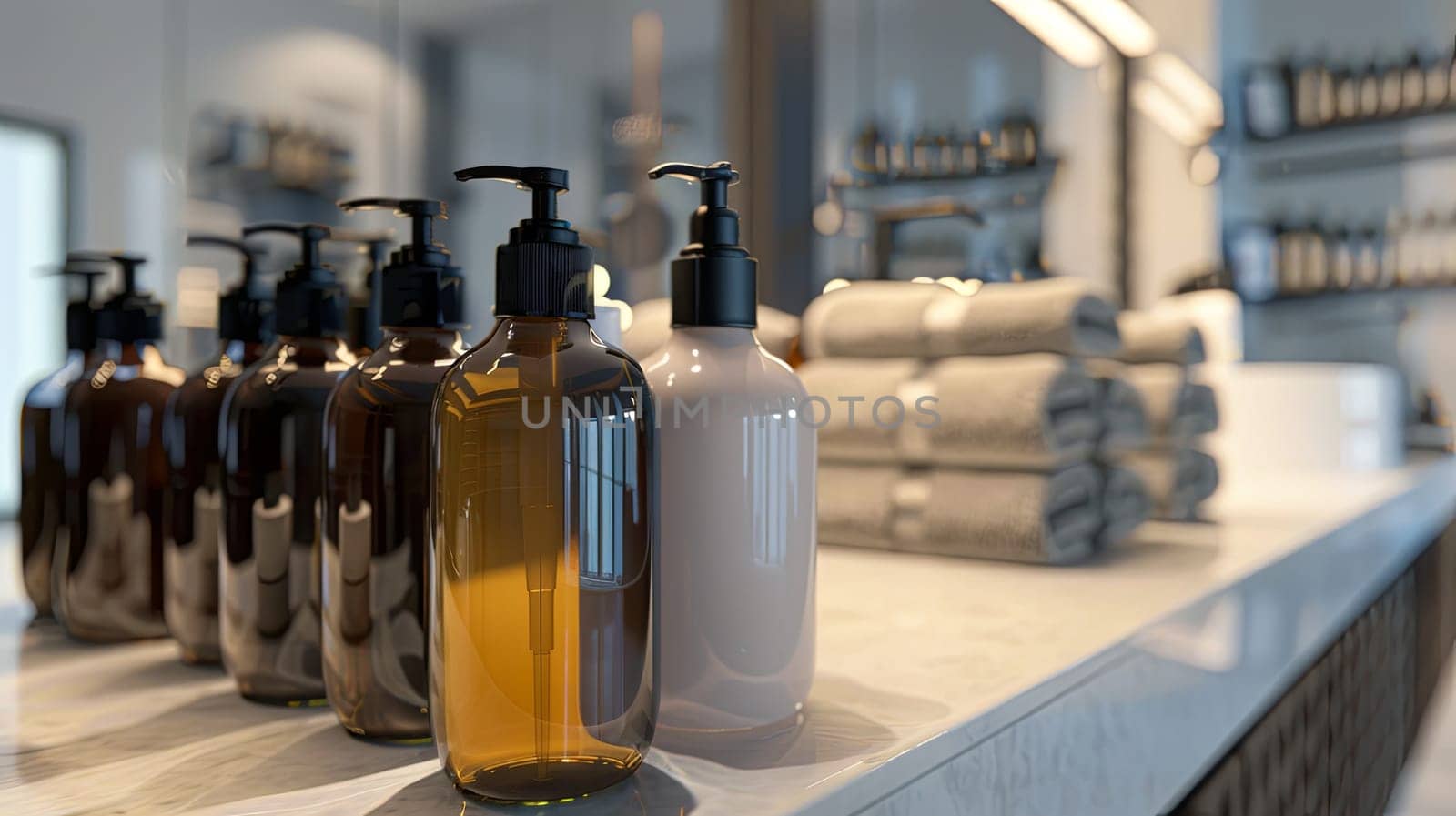 A row of elegant shampoo and conditioner bottles sit on a bathroom counter.