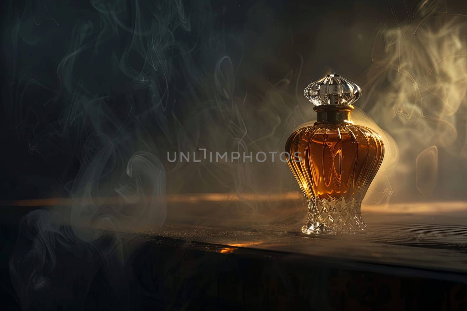 A close-up of an elegant perfume bottle on a dark wooden table, surrounded by smoke mist.