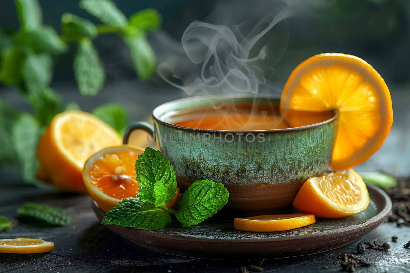 A steaming cup of black tea with mint and lemon on a dark background. AI generated.