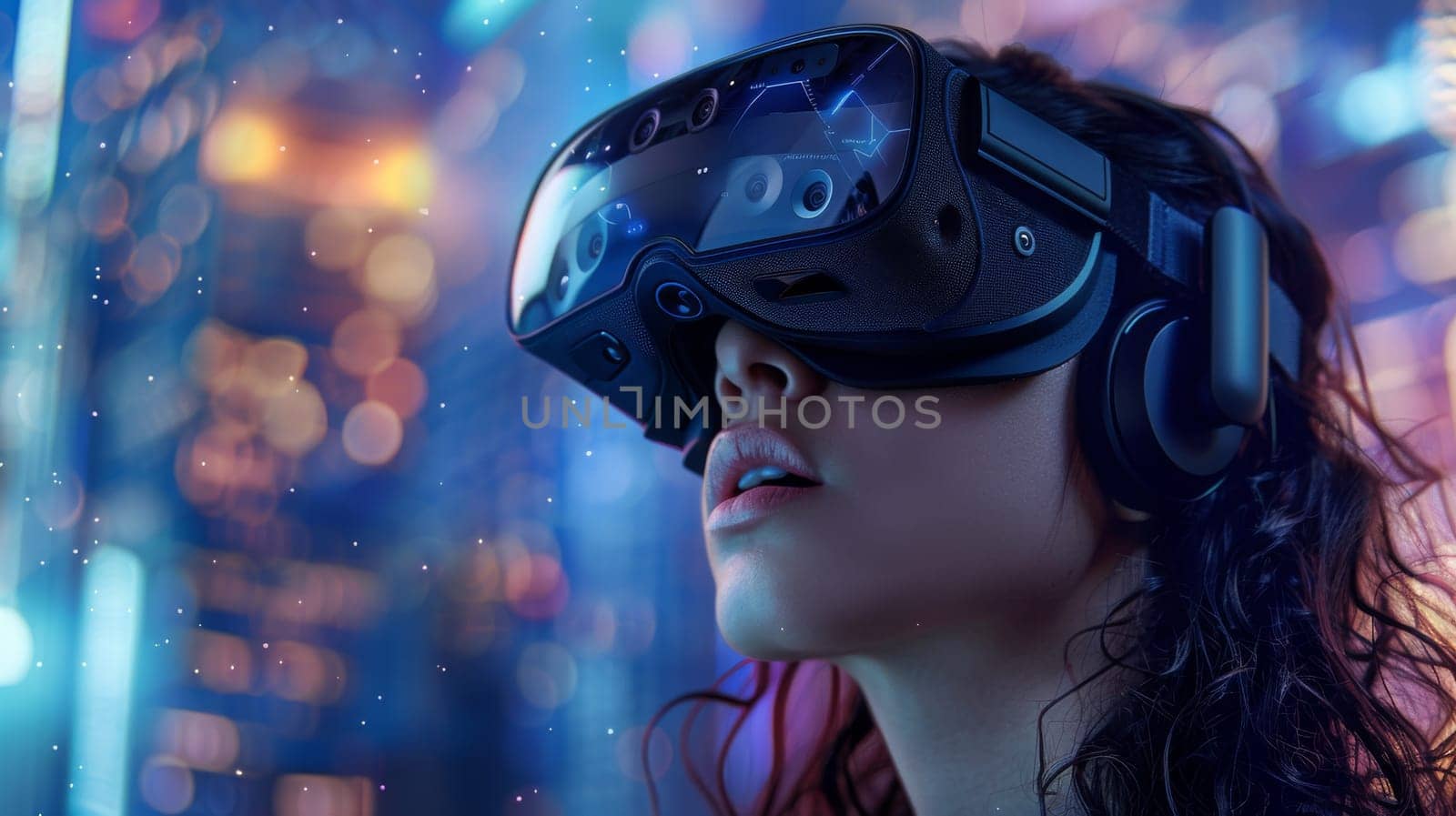 A people wearing a virtual reality headset is looking at a cityscape by itchaznong