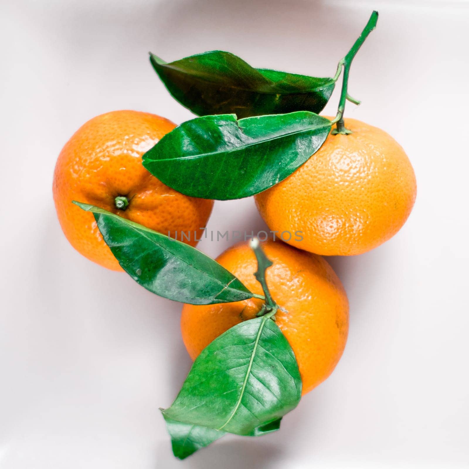 Tangerines with leaves on plate - citrus fruits and healthy eating flatlay styled concept