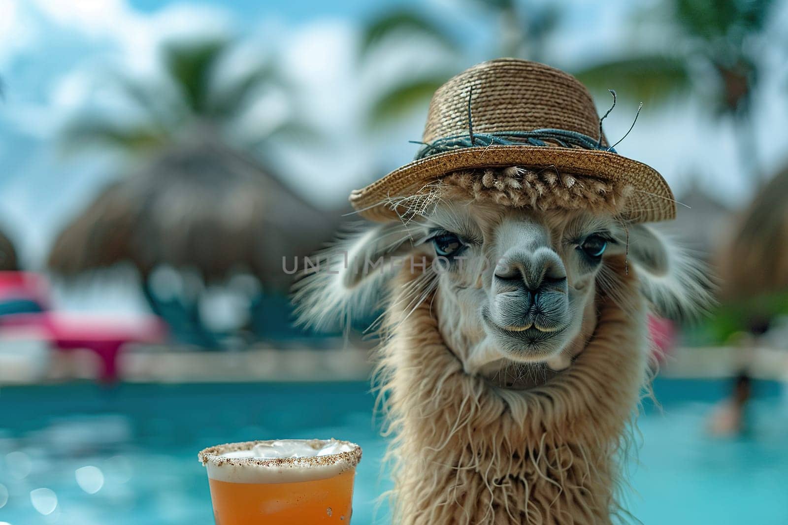 Llama in a brimmed hat and a cocktail at the resort. Vacation concept.
