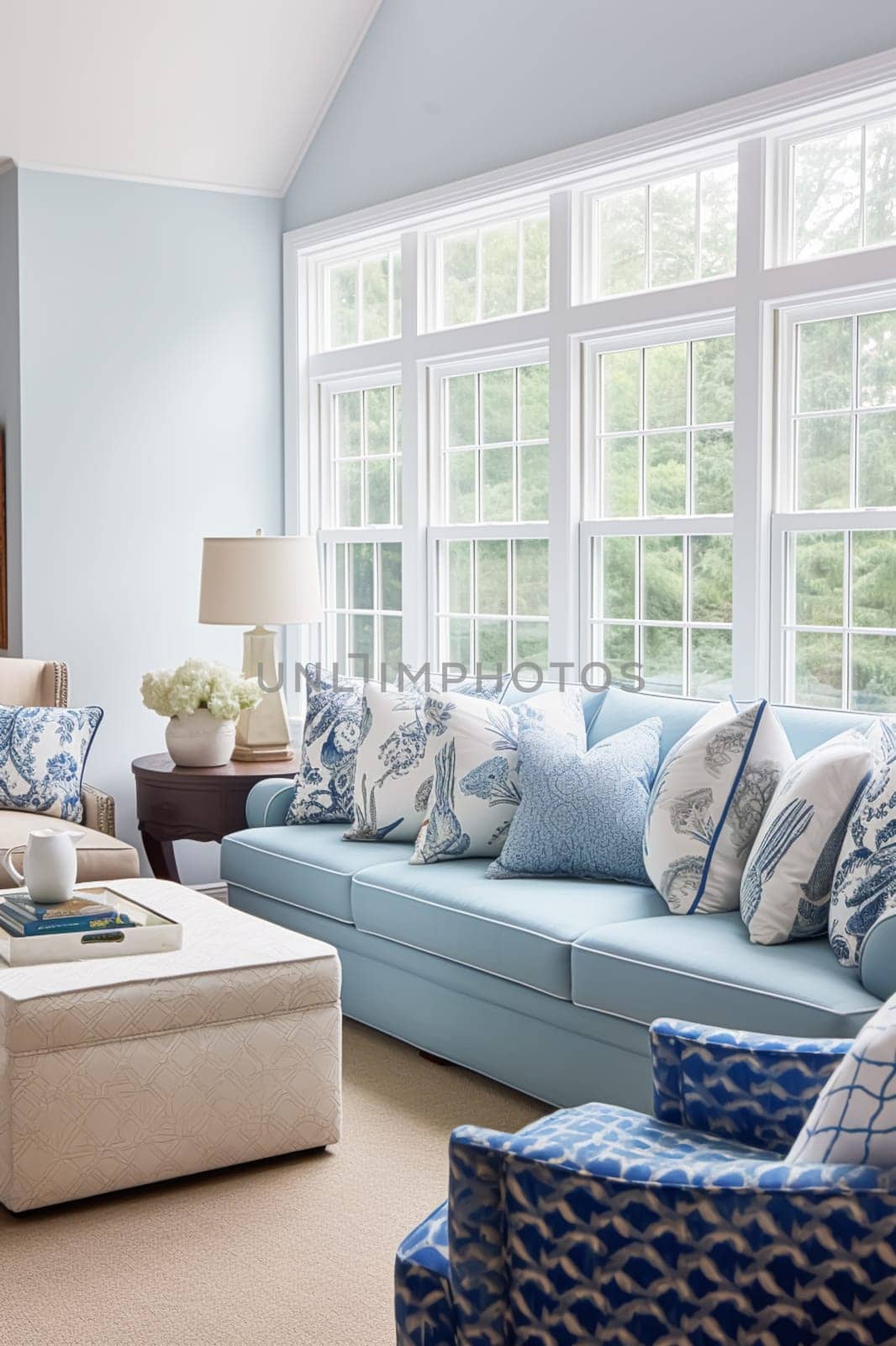 Interior design, living room decor and house improvement, furniture, sofa, home decor, white and blue textiles, country cottage lounge style, post-processed, generative ai