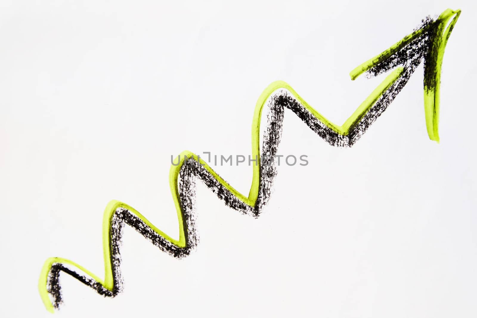 Vibrant neon green curved wavy arrow drawn by hand on white background. Concept of movement, growth, decline, change, decline and achievements in business