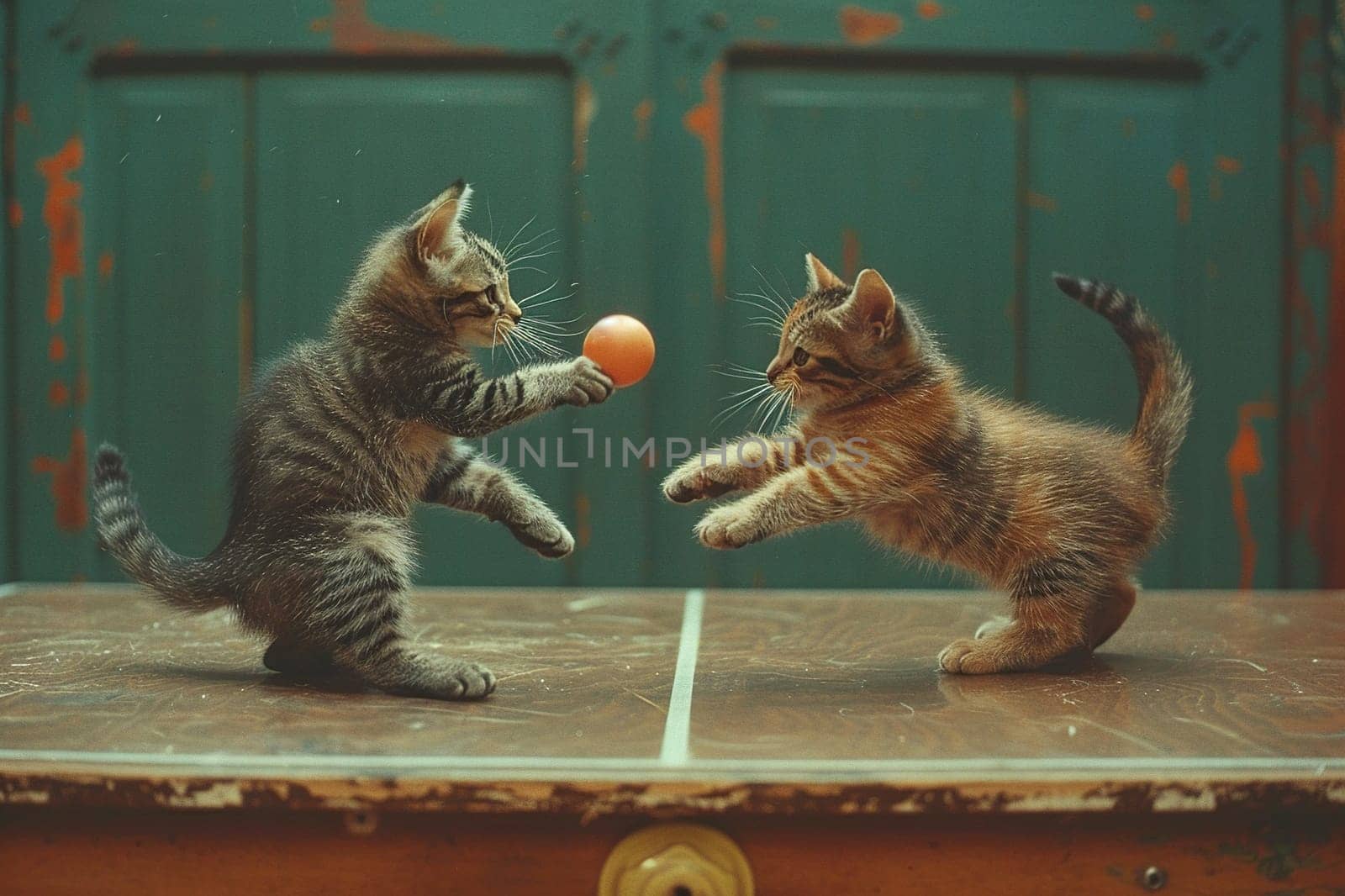 Two gray kittens play ping pong on a tennis table.