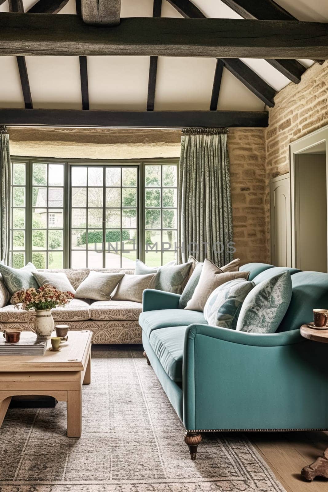 Modern cottage sitting room, living room interior design and country house home decor, sofa and lounge furniture, English Cotswolds countryside style interiors