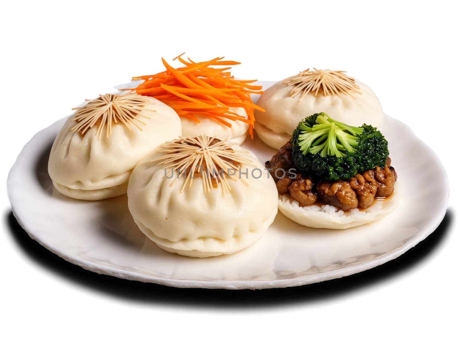 Baozi with steamed buns various fillings and vegetables on clean white surface. Food isolated on transparent background.