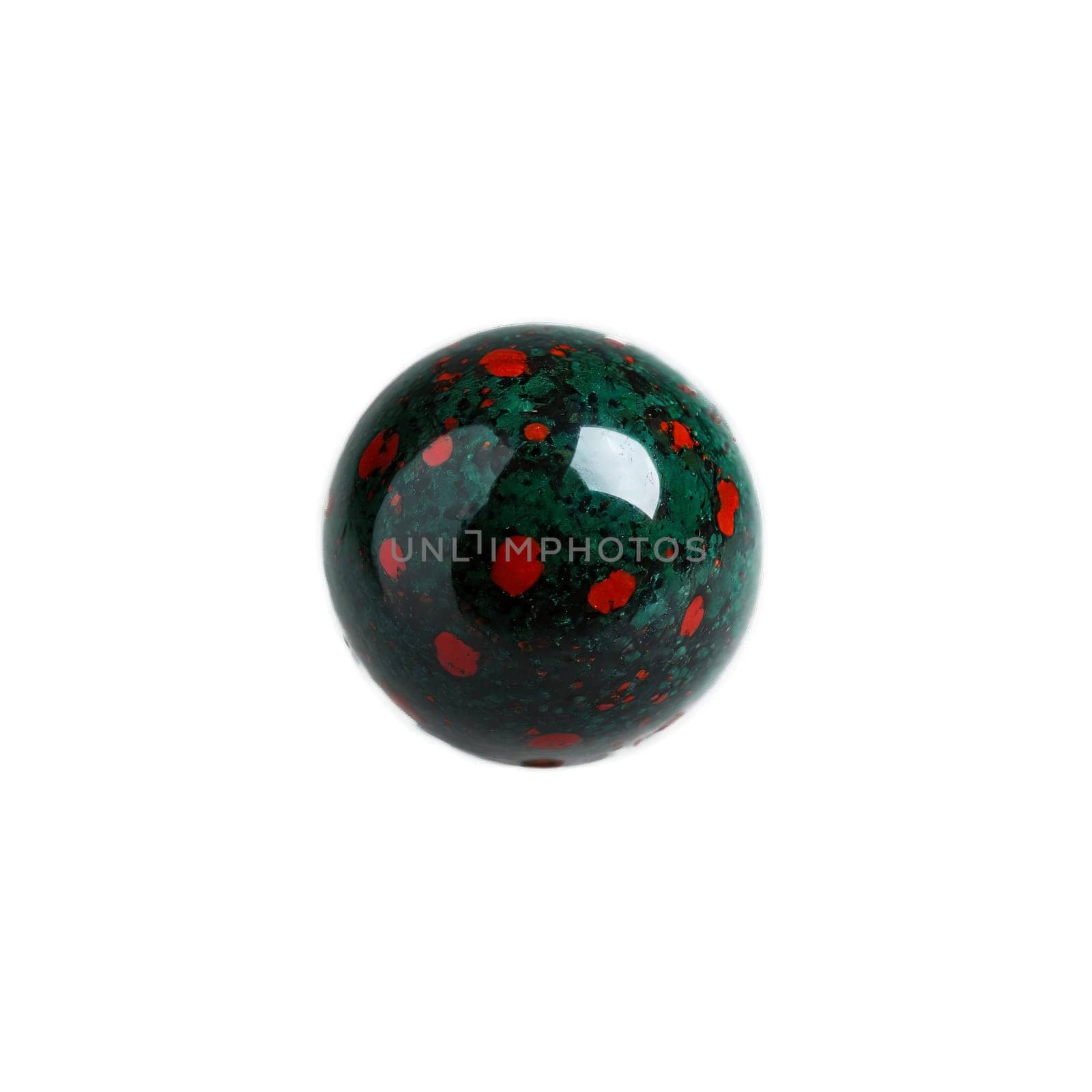 Stone isolated on transparent background. Bloodstone A dark green bloodstone with red spots suspended and rotating slowly to display its.