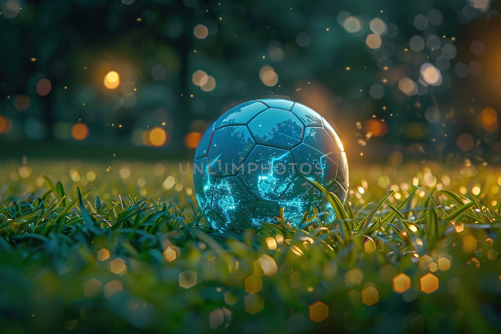 Neon soccer ball on green grass.